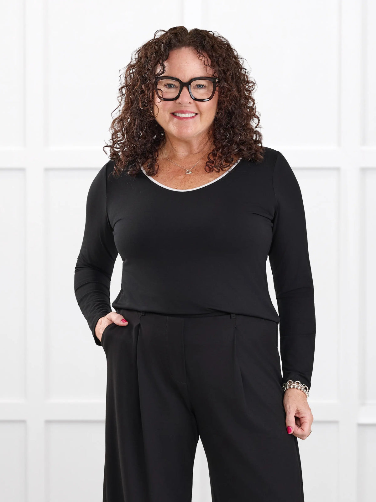 Liv v neck long sleeve top for women in Black white on model Kerri, size M Petite @Kerri-M-petite