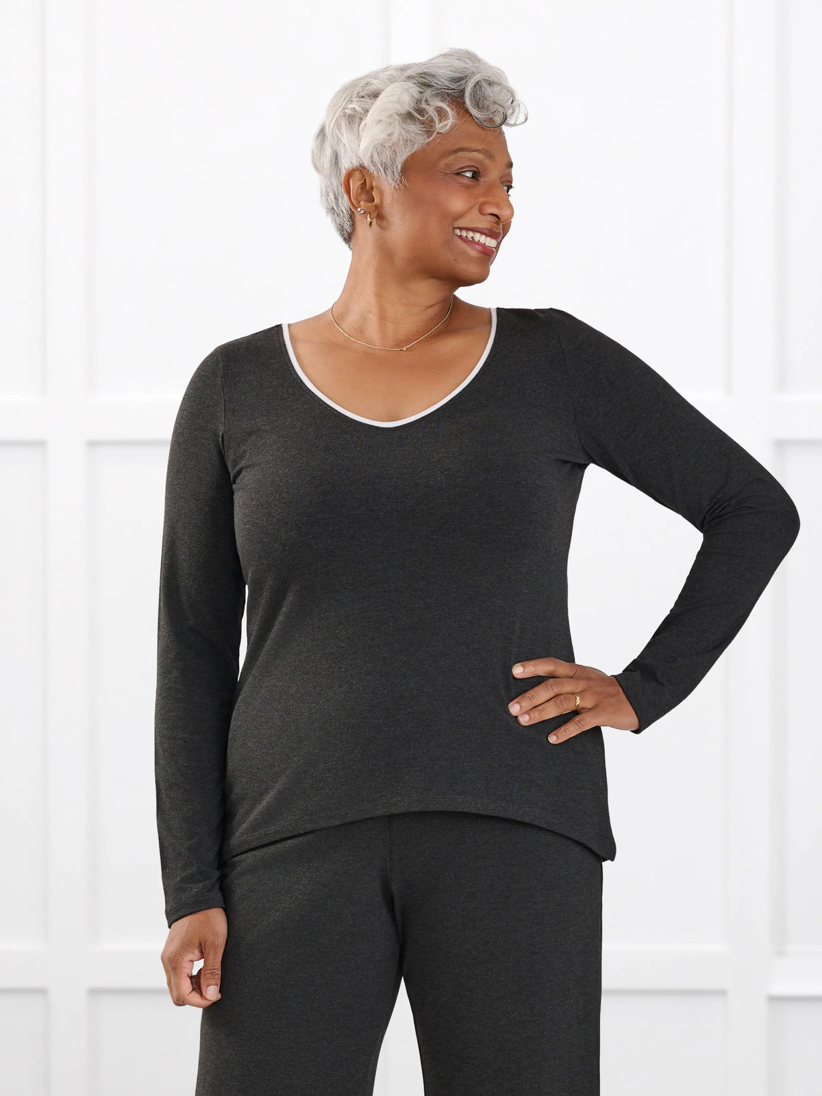 Liv v neck long sleeve top for women in Charcoal white on model Keethai, size M Regular @Keethai-M-regular