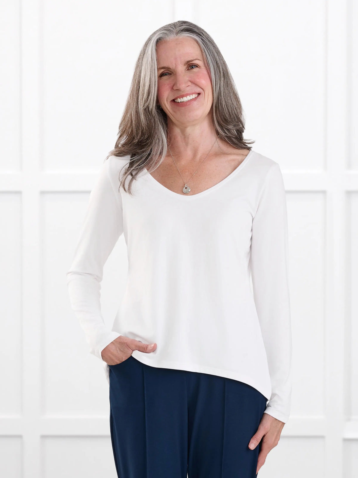 Liv v neck long sleeve top for women in White white on model Jen, size XS Regular @Jen-XS-regular