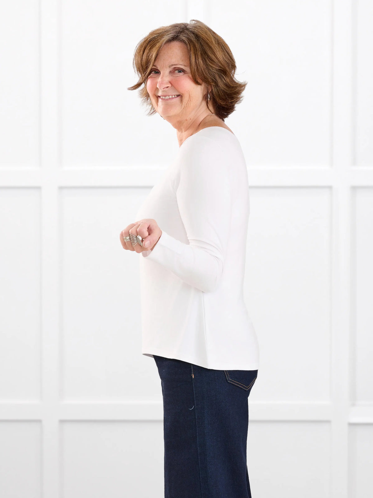 Liv v neck long sleeve top for women in White white on model Donna, size S Regular @Donna-S-regular