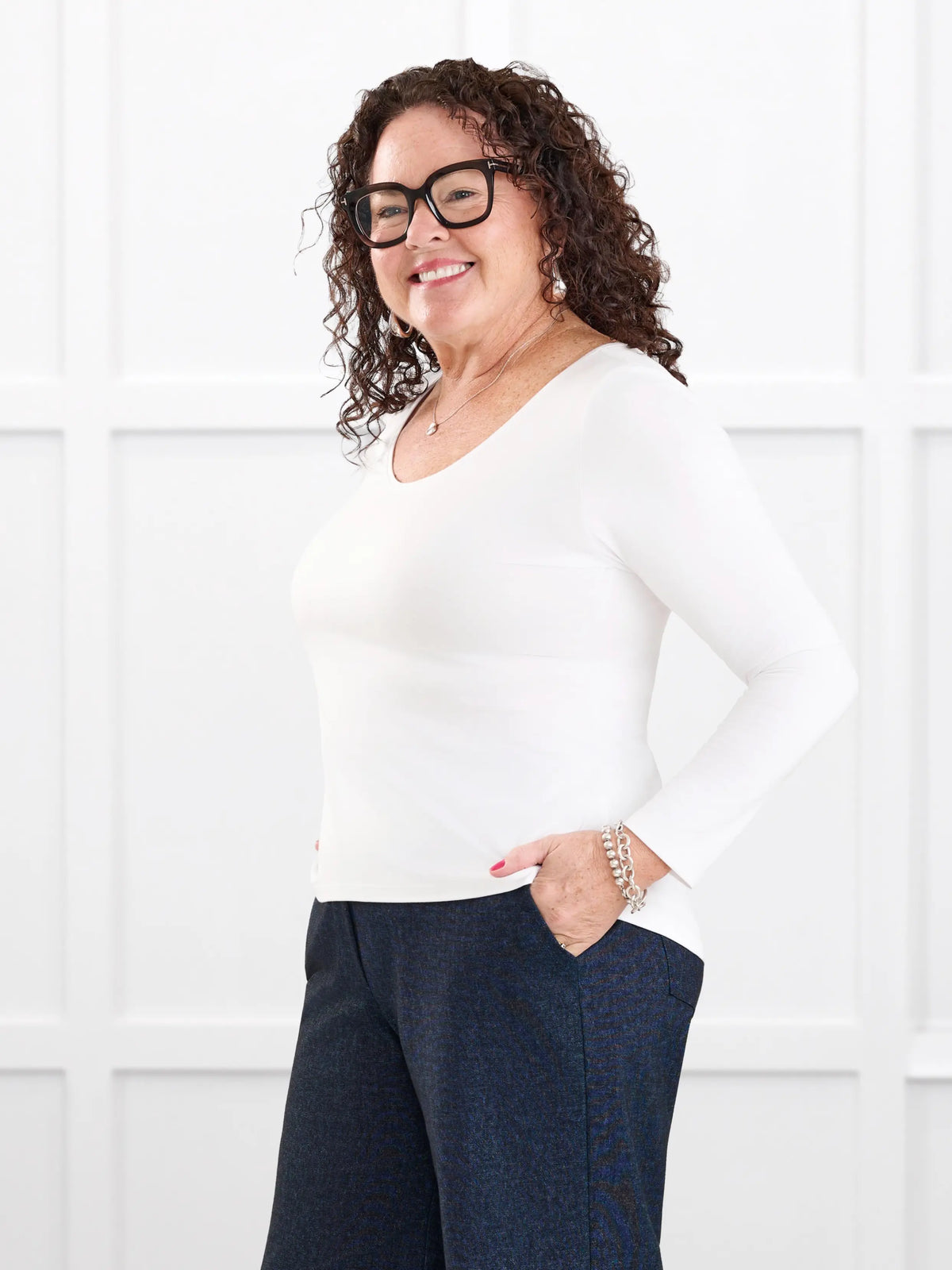 Liv v neck long sleeve top for women in White white on model Kerri, size M Petite @Kerri-M-petite