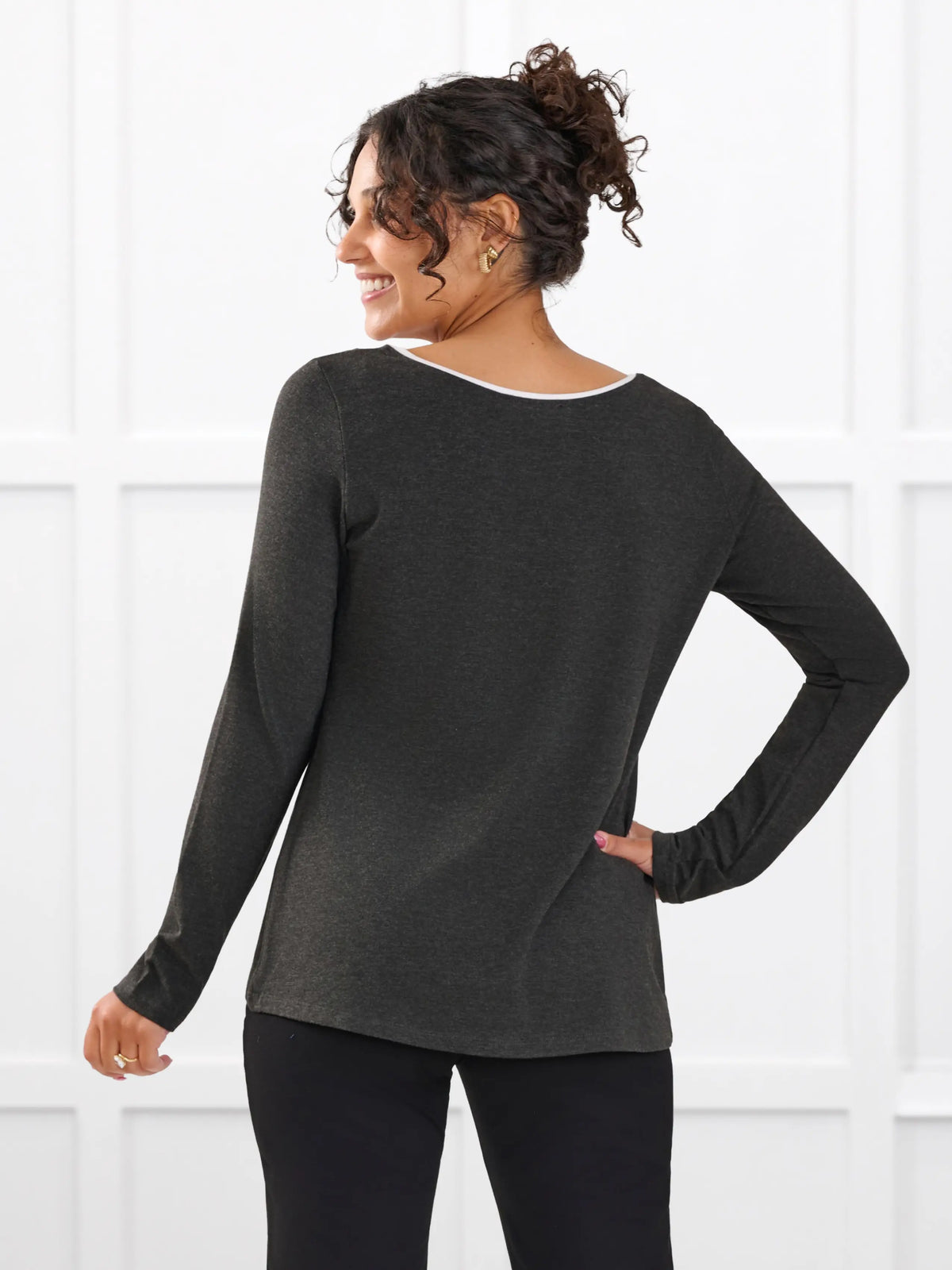 Liv v neck long sleeve top for women in Charcoal white on model Meron, size XS Regular @Meron-XS-regular