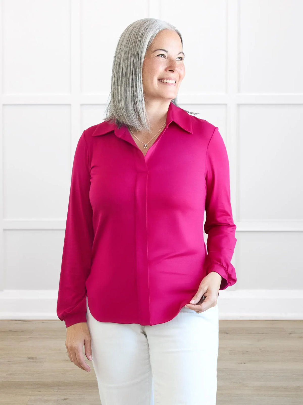 Lucia collared shirt 00 in Dragon fruit on model Kerri, size S Regular @Kerri-S-regular