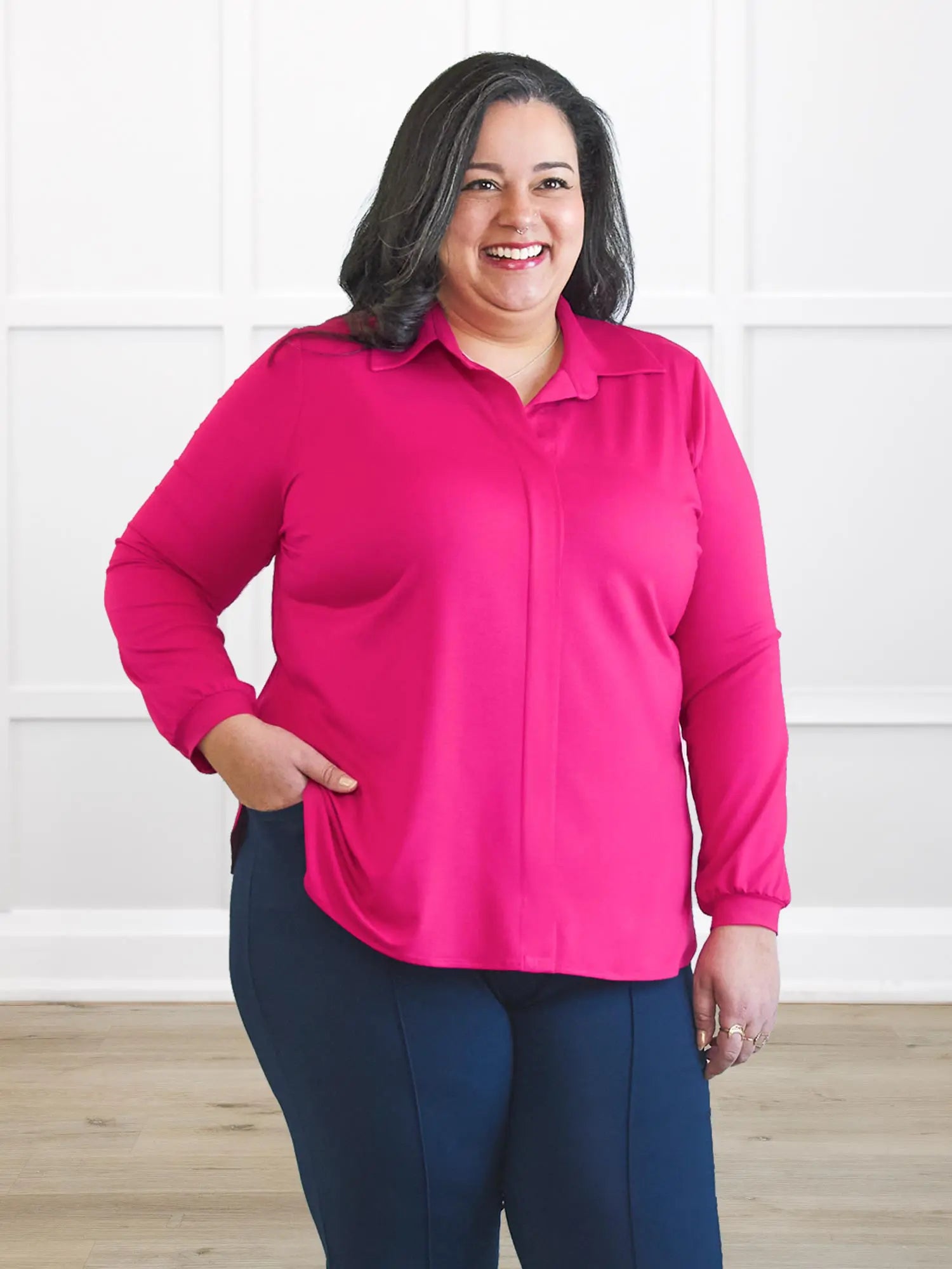 Lucia collared shirt 00 in Dragon fruit on model Sarita, size XXL Regular @Sarita-XXL-regular