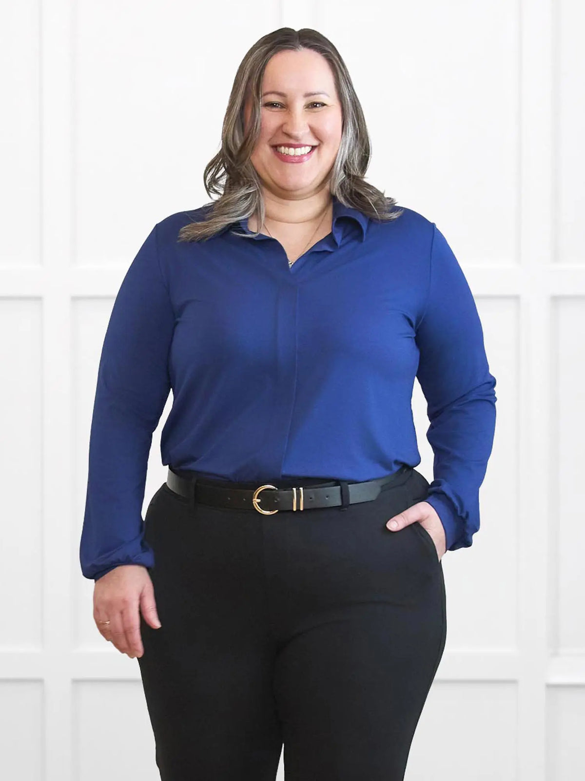 Lucia collared shirt for women 00 in Marine blue on model Cristina, size XXL Petite @Cristina-XXL-petite