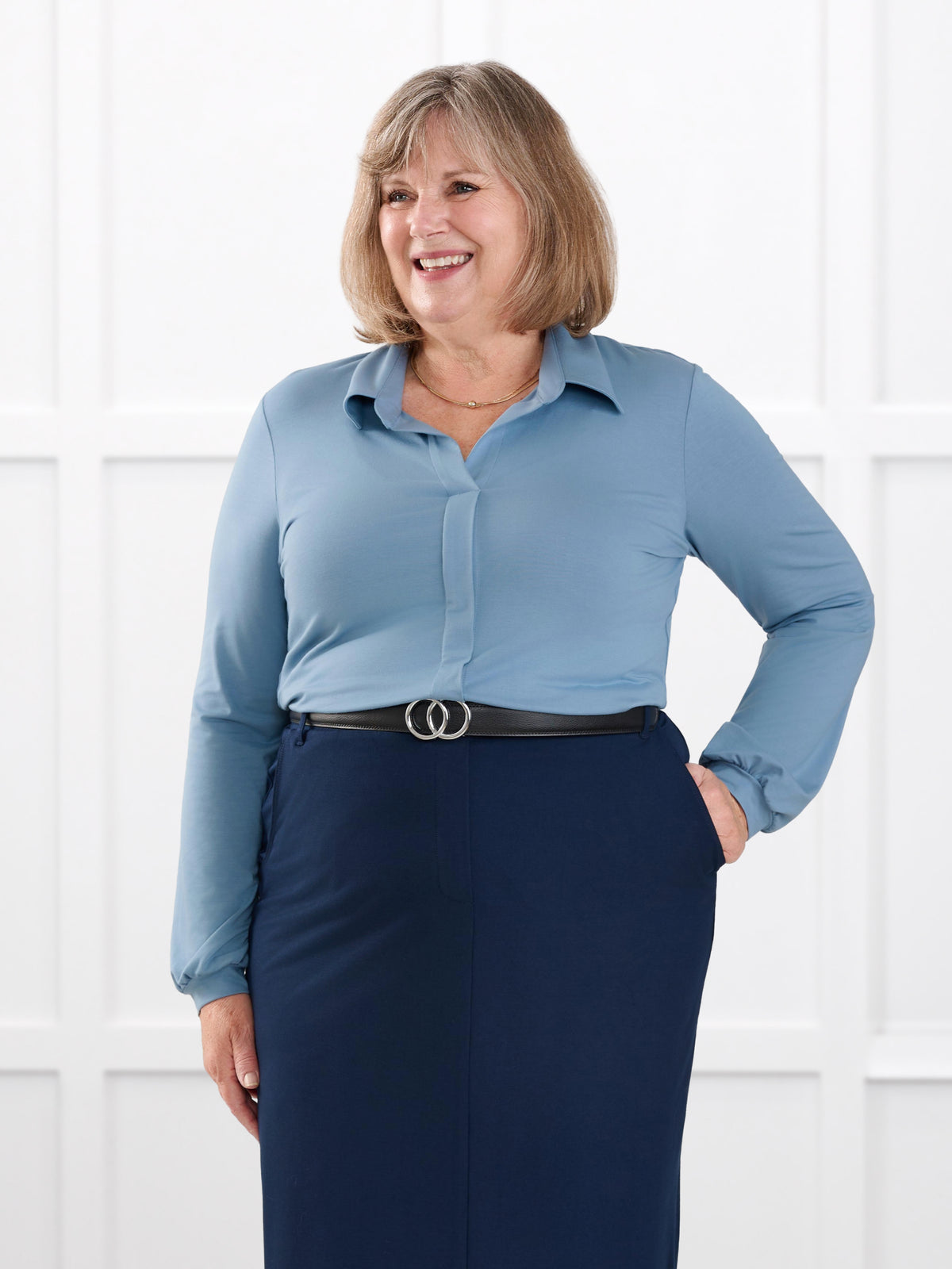 Lucia collared shirt for women in Steel blue on model Laurie, size XXL Petite @Laurie-XXL-petite