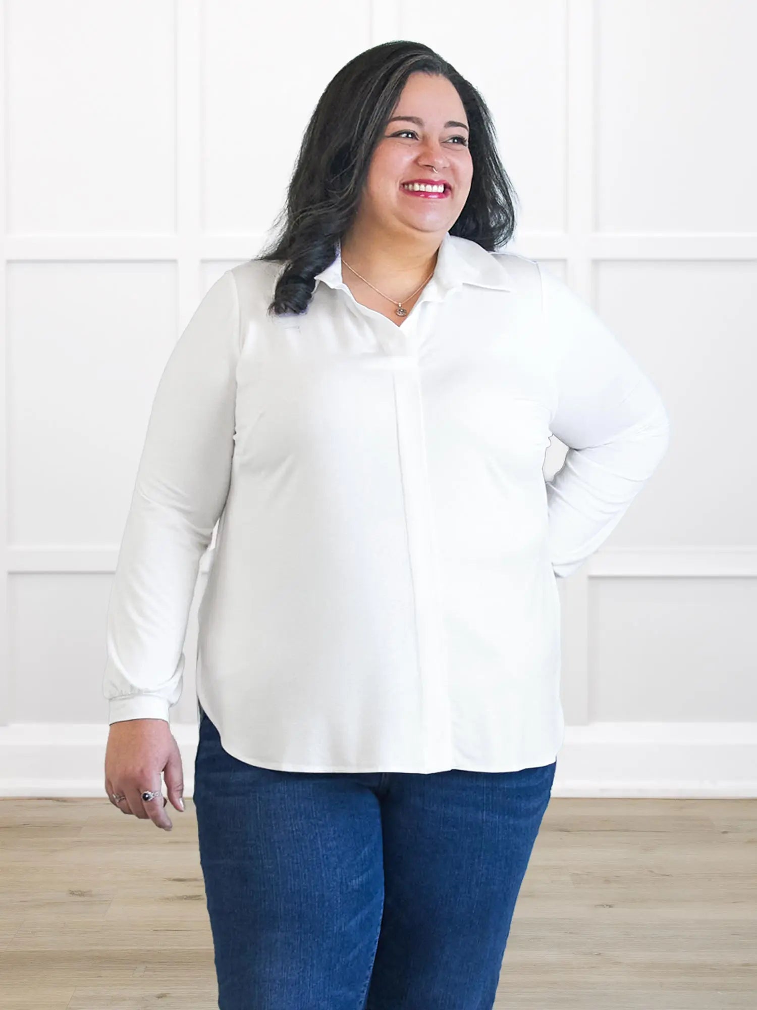Lucia collared shirt for women in White on model Sarita, size XXL Regular @Sarita-XXL-regular