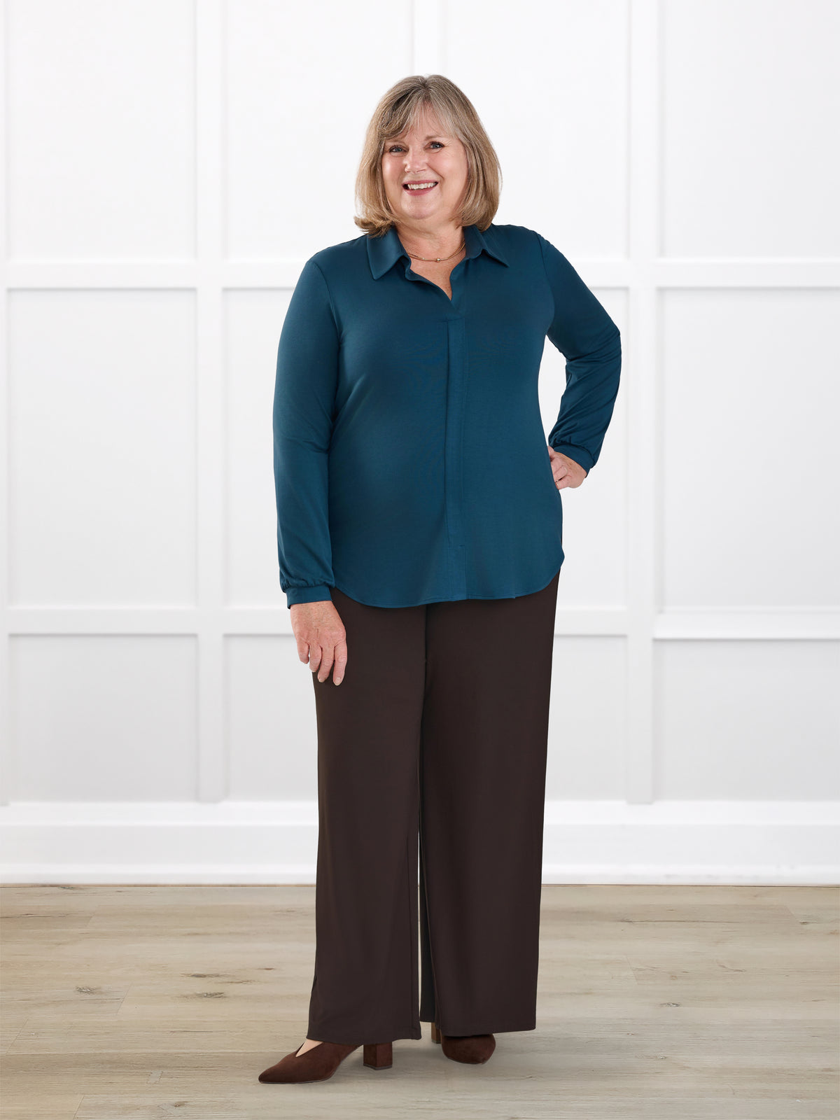 Lucia collared shirt for women in Atlantic on model Laurie, size XXL Petite @Laurie-XXL-petite