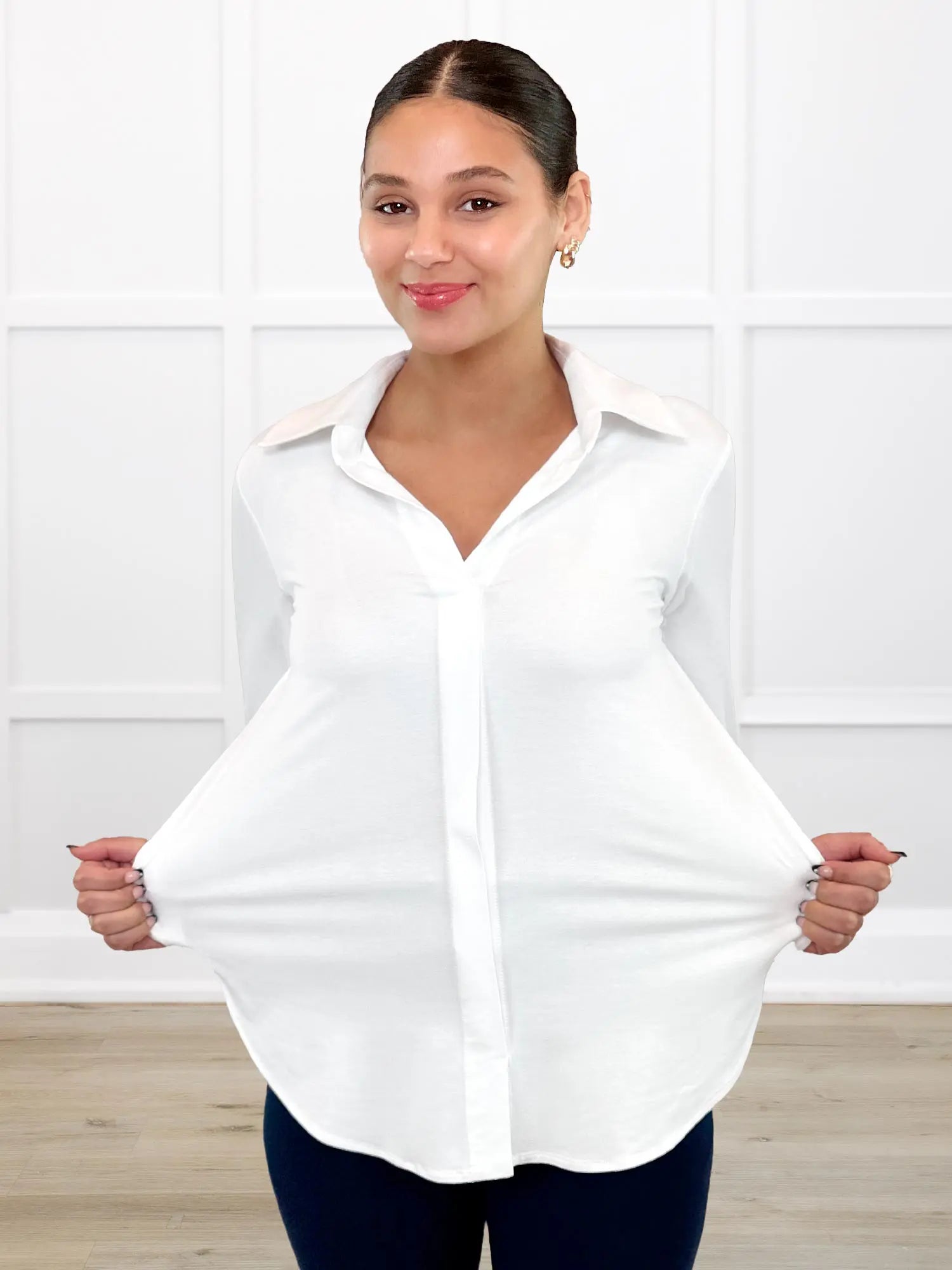 Lucia collared shirt for women in White on model Meron, size XS Regular @Meron-XS-regular