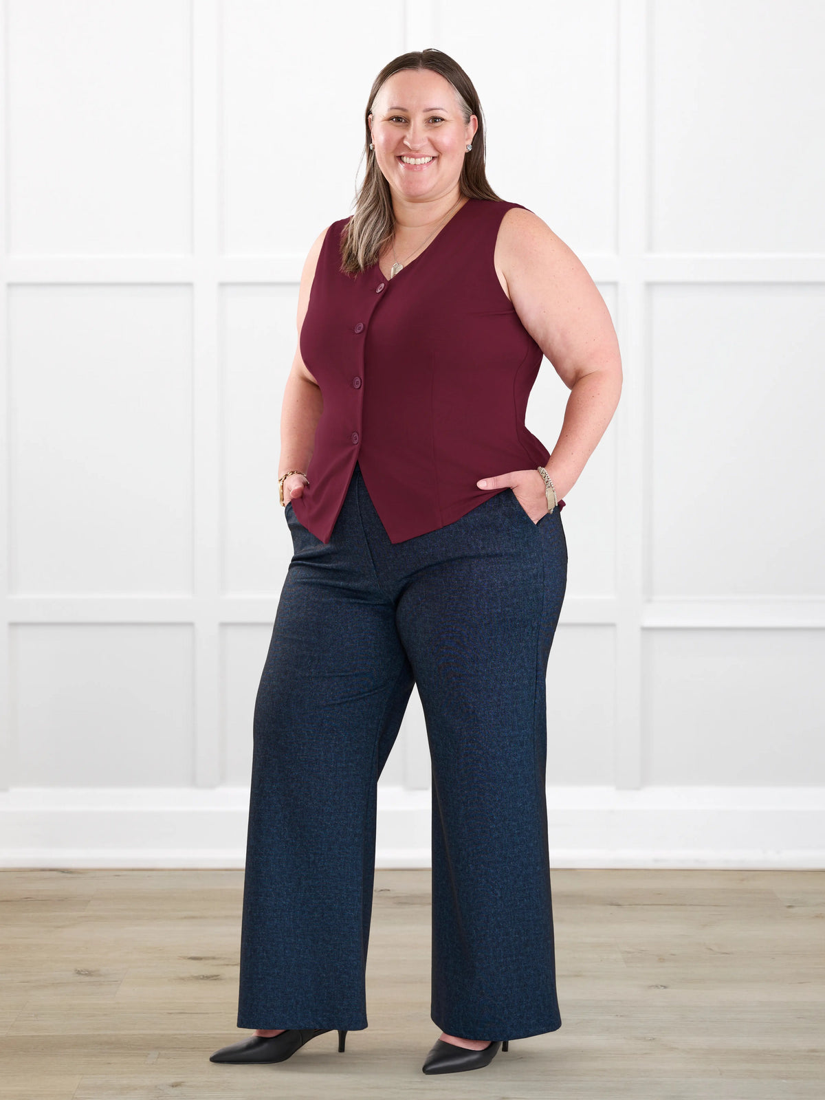 Lynn wide leg faux denim stretch jean for women in Indigo blue on model Cristina, size XXL Petite @Cristina-XXL-petite