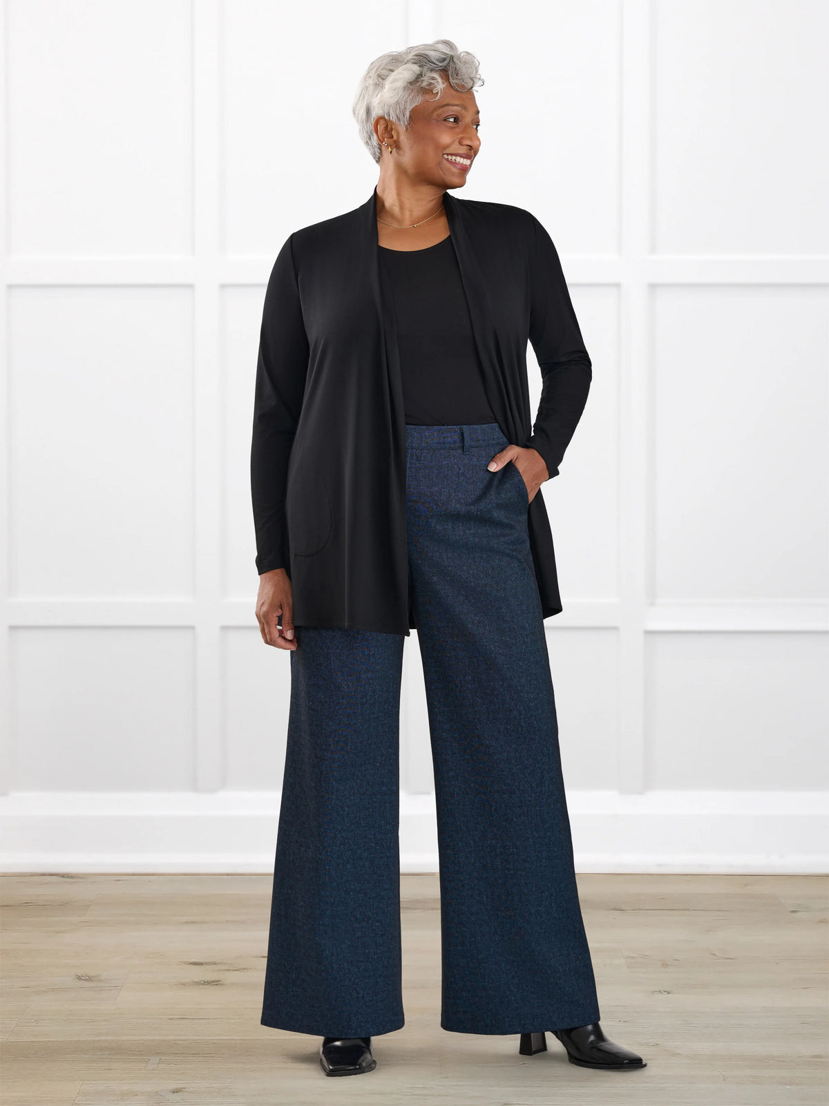 Lynn wide leg faux denim stretch jean for women in Indigo blue on model Keethai, size M Regular @Keethai-M-regular
