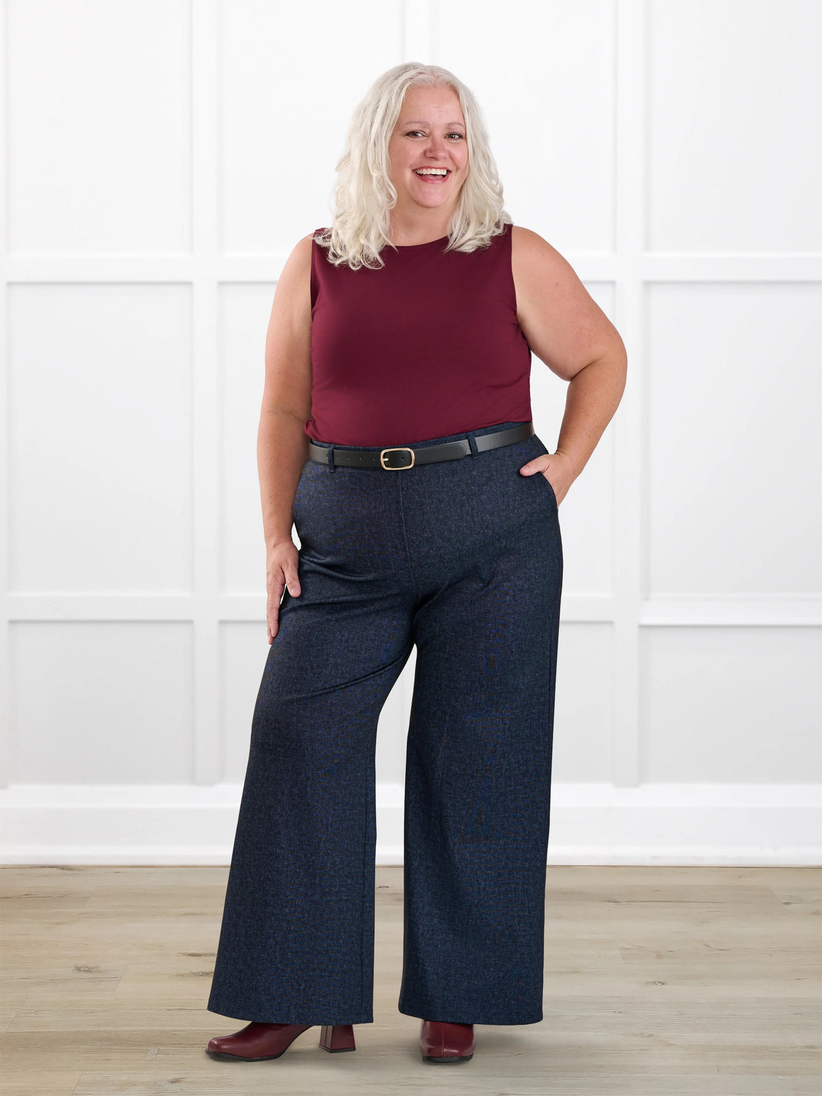 Lynn wide leg faux denim stretch jean for women in Indigo blue on model Colleen, size XXL Petite @Colleen-XXL-petite