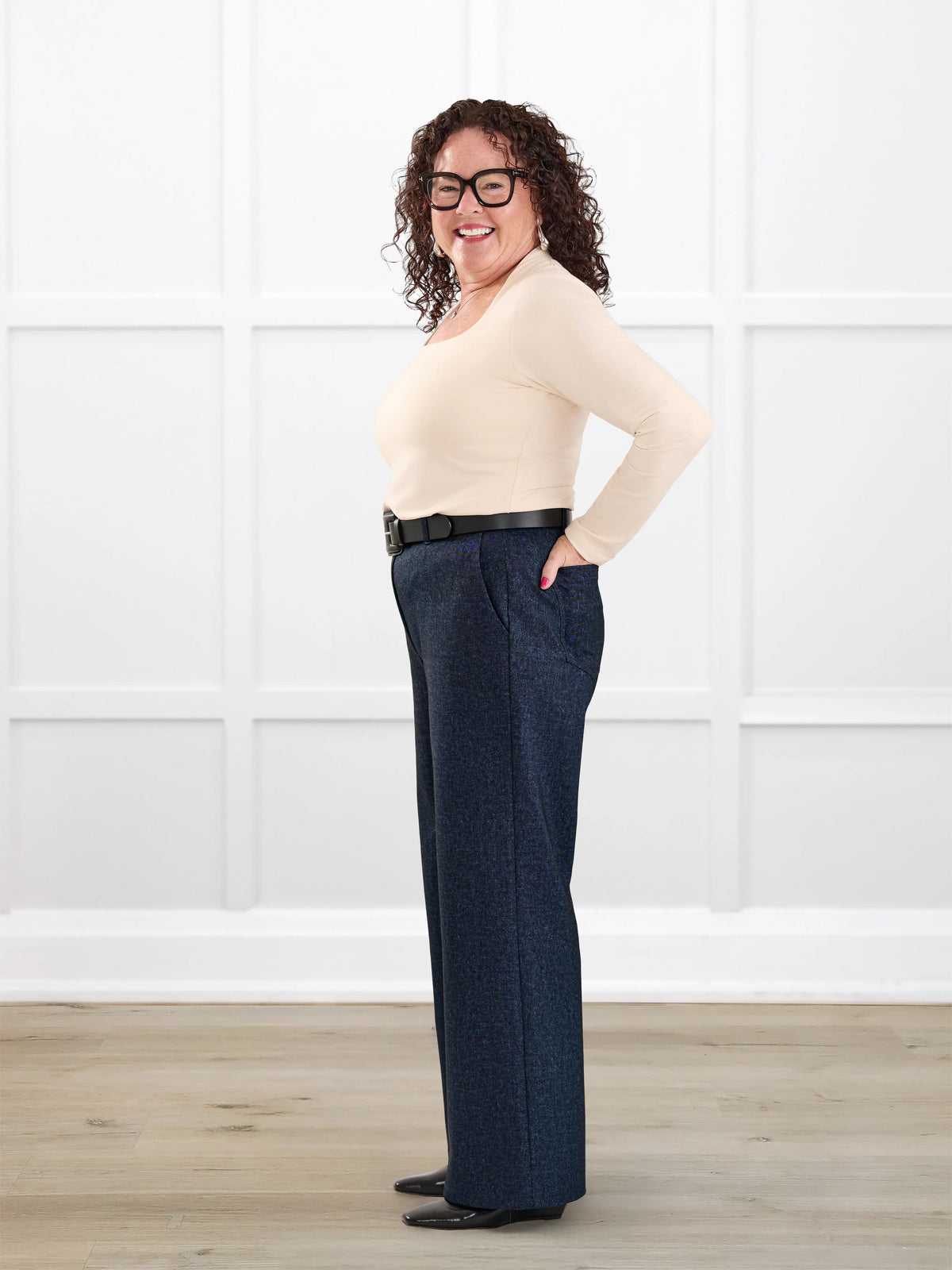 Lynn wide leg faux denim stretch jean for women in Indigo blue on model Kerri, size M Petite @Kerri-M-petite