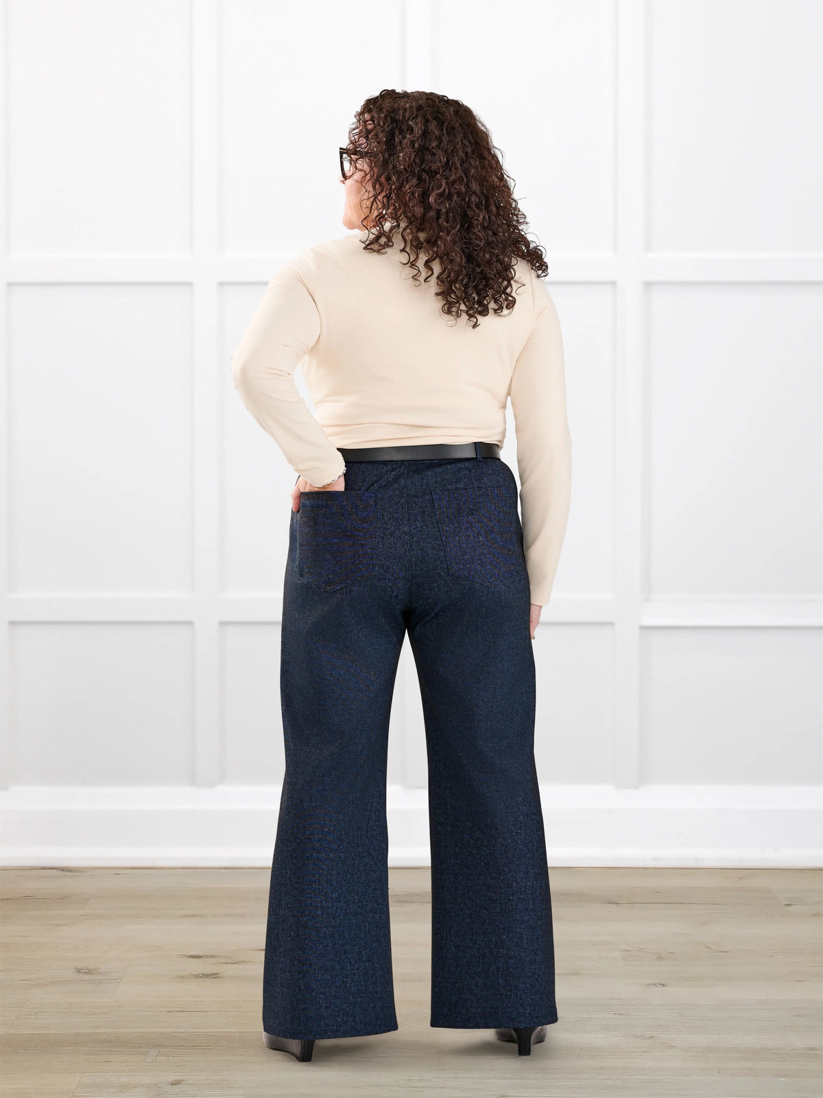 Lynn wide leg faux denim stretch jean for women in Indigo blue on model Kerri, size M Petite @Kerri-M-petite