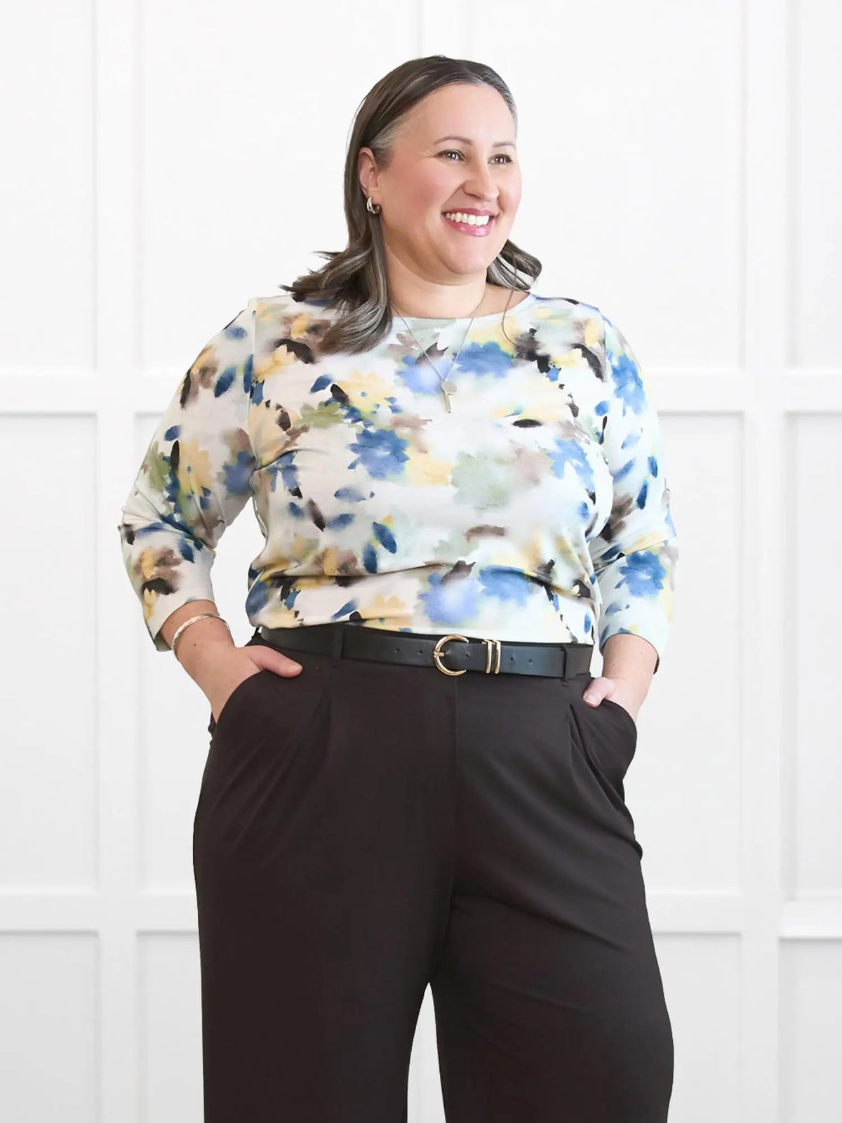 Mahala boatneck sleeve top for women in Morning dew on model Cristina, size XXL Regular @Cristina-XXL-regular