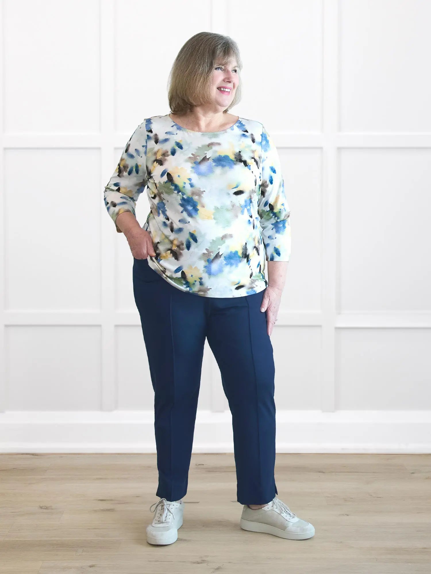 Mahala boatneck sleeve top for women in Morning dew on model Laurie, size XXL Petite @Laurie-XXL-petite