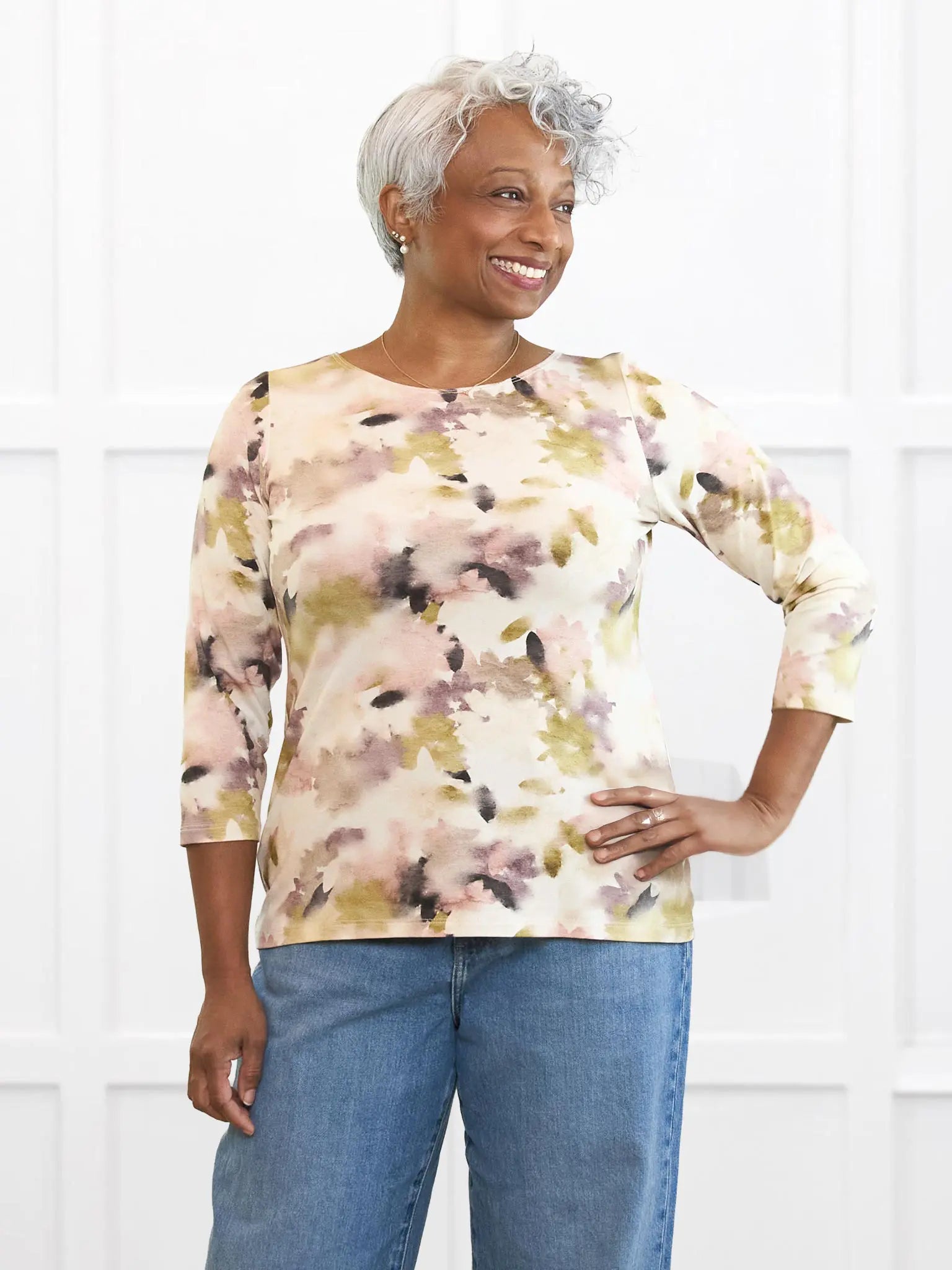 Mahala boatneck sleeve top for women in Rosewater on model Keethai, size M Regular @Keethai-M-regular