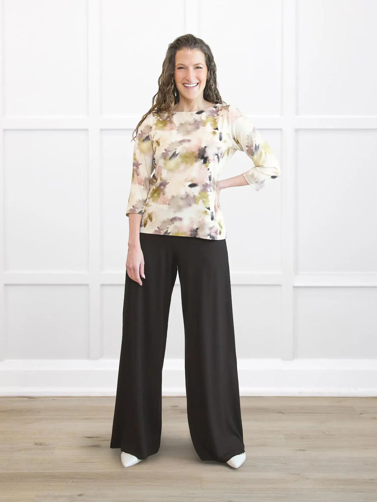 Mahala boatneck sleeve top for women in Rosewater on model Lex, size XS Petite @Lex-XS-petite