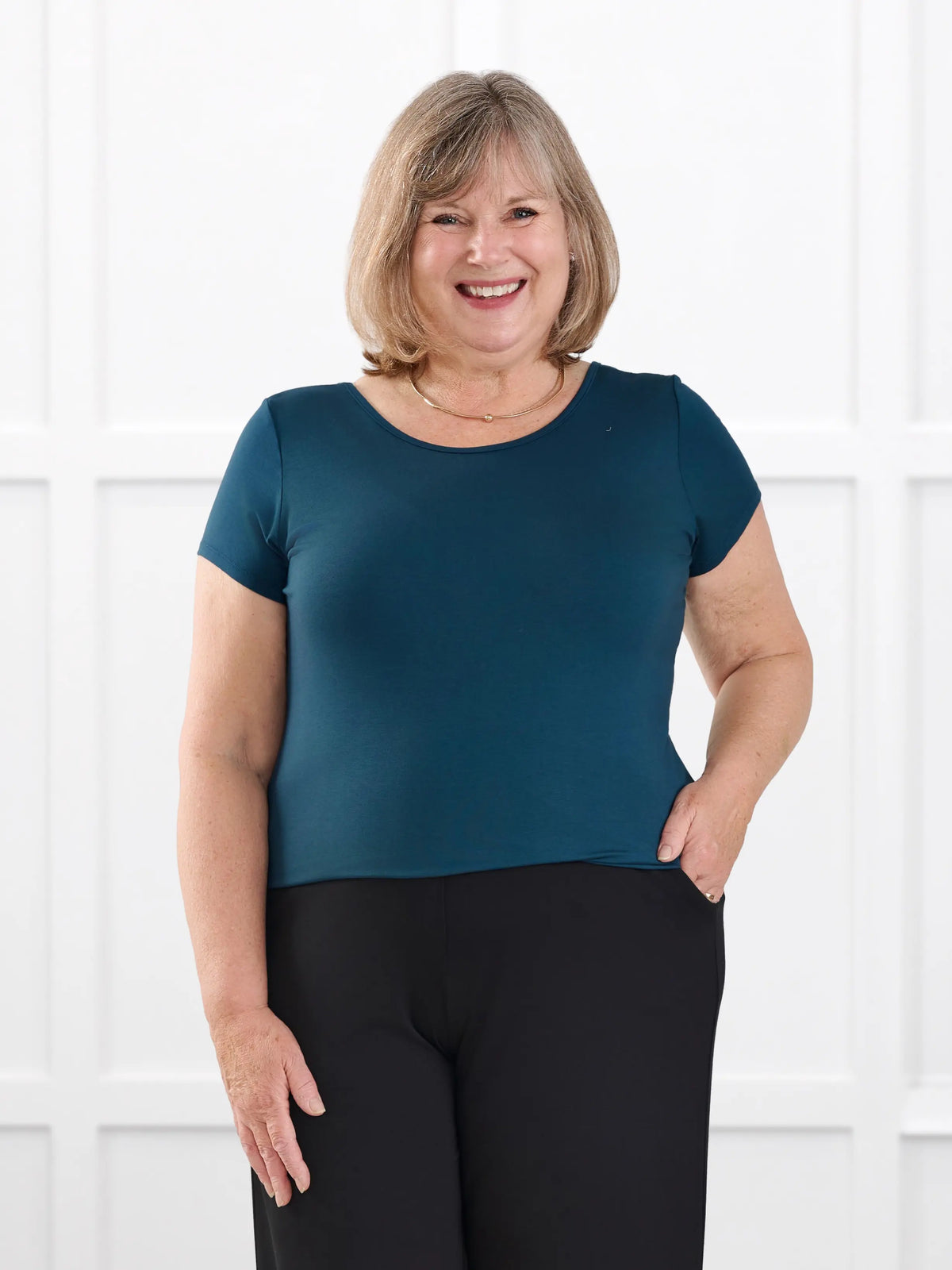 Marianna reversible neckline classic tee for women in Atlantic on model Laurie, size XXL @Laurie-XXL