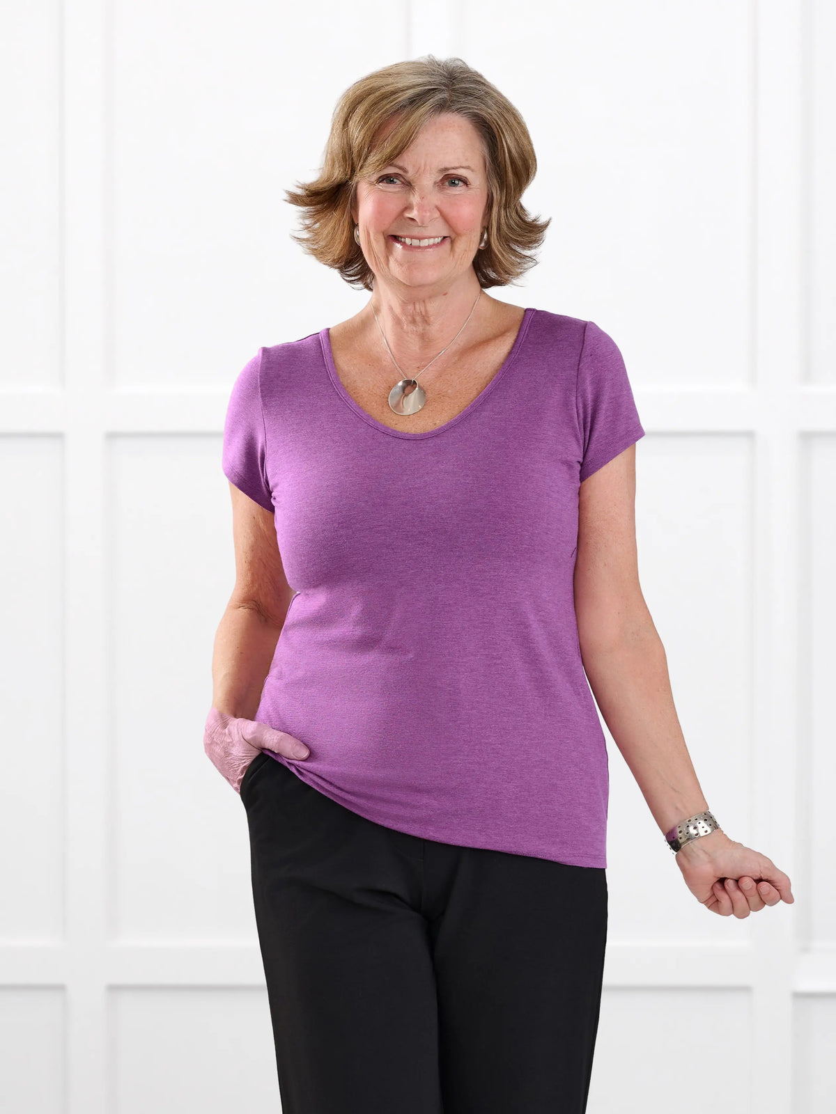 Marianna reversible neckline classic tee for women in Lupin melange on model Donna, size S @Donna-S