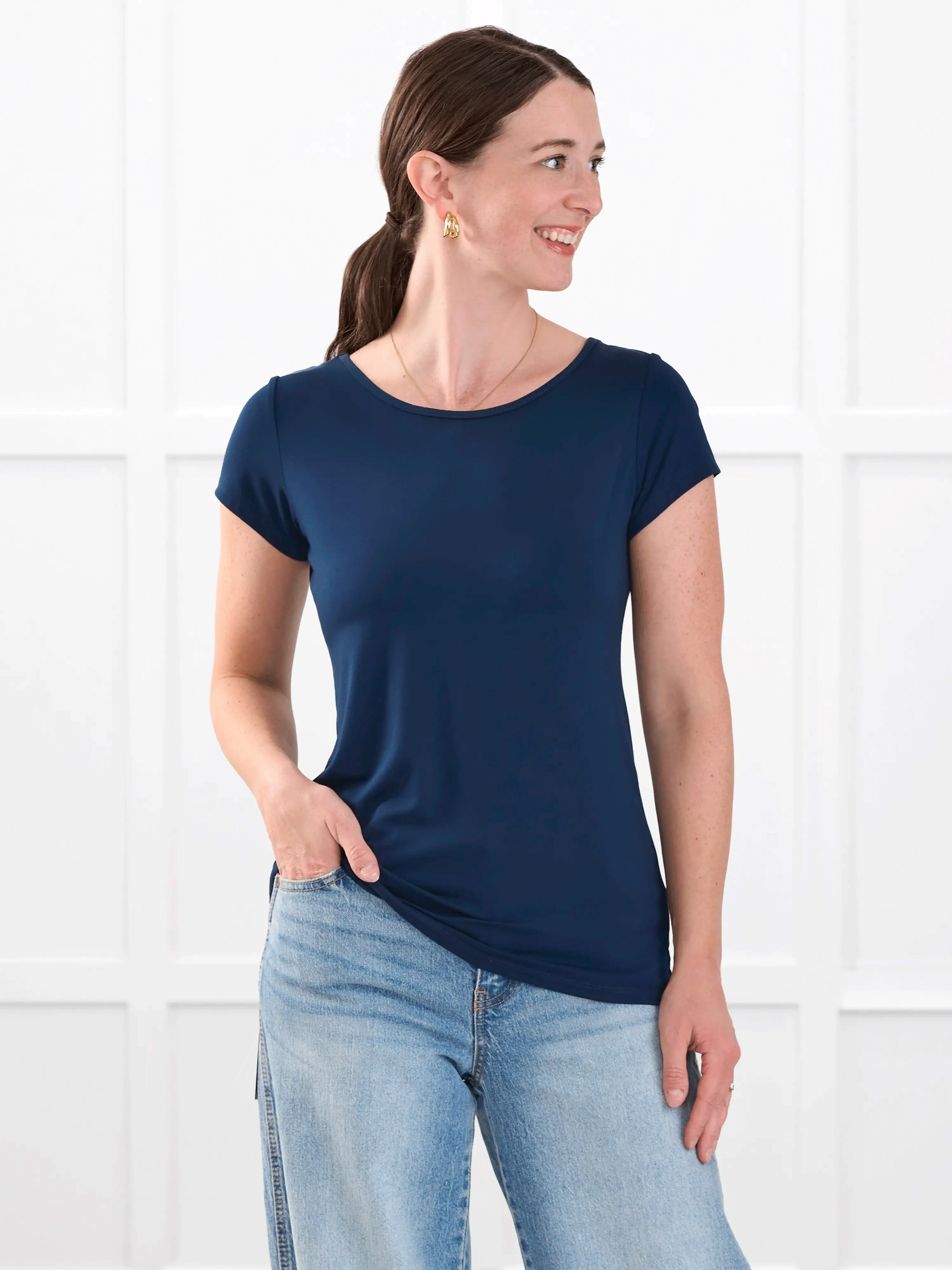 Marianna reversible neckline classic tee for women in Navy on model Jo, size XS @Jo-XS