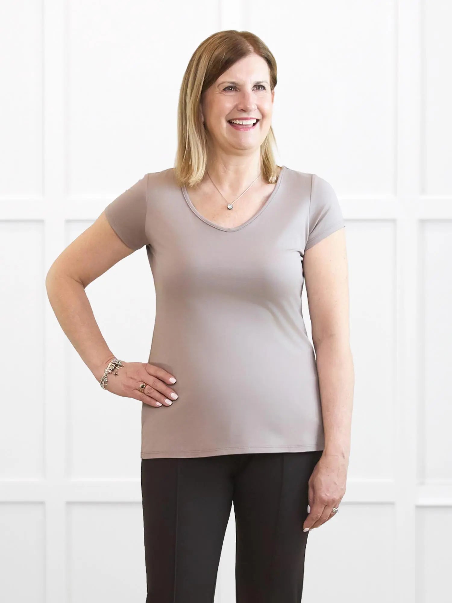 Marianna reversible neckline classic tee for women 00 in Portobello on model Natasha, size S @Natasha-S