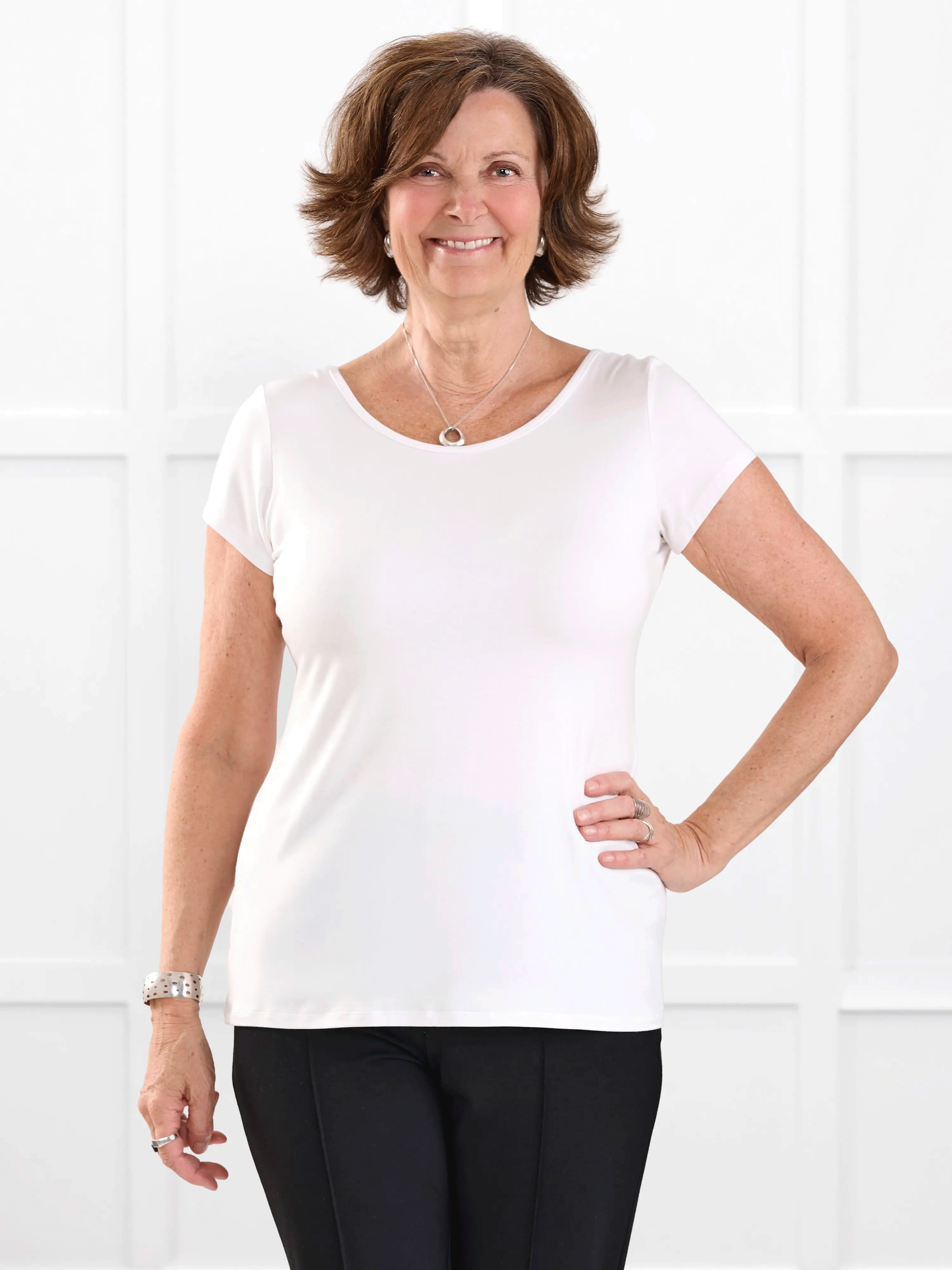 Marianna reversible neckline classic tee for women in White on model Donna, size S @Donna-S
