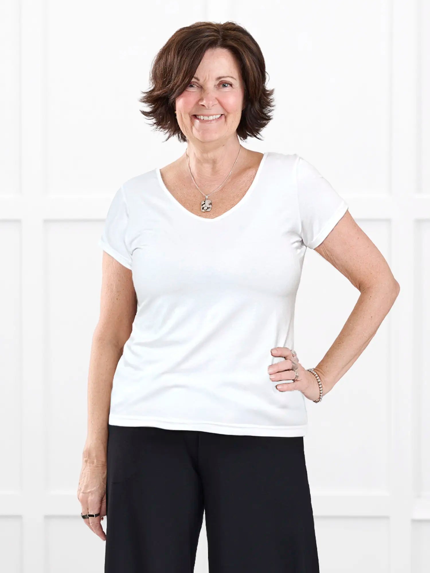 Marianna reversible neckline classic tee for women in White on model Donna, size S @Donna-S