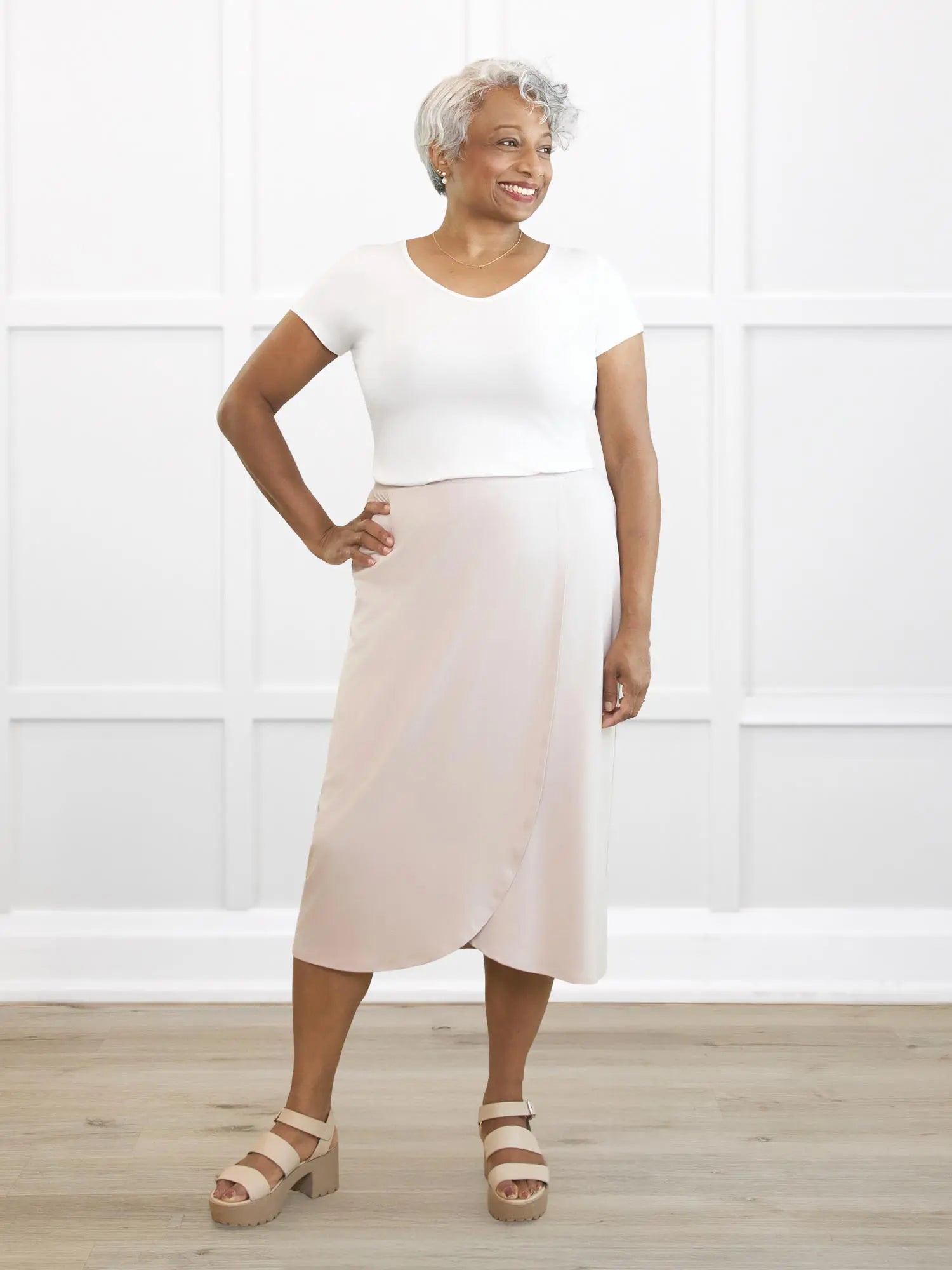 Marianna reversible neckline classic tee for women 00 in White on model Keethai, size M @Keethai-M