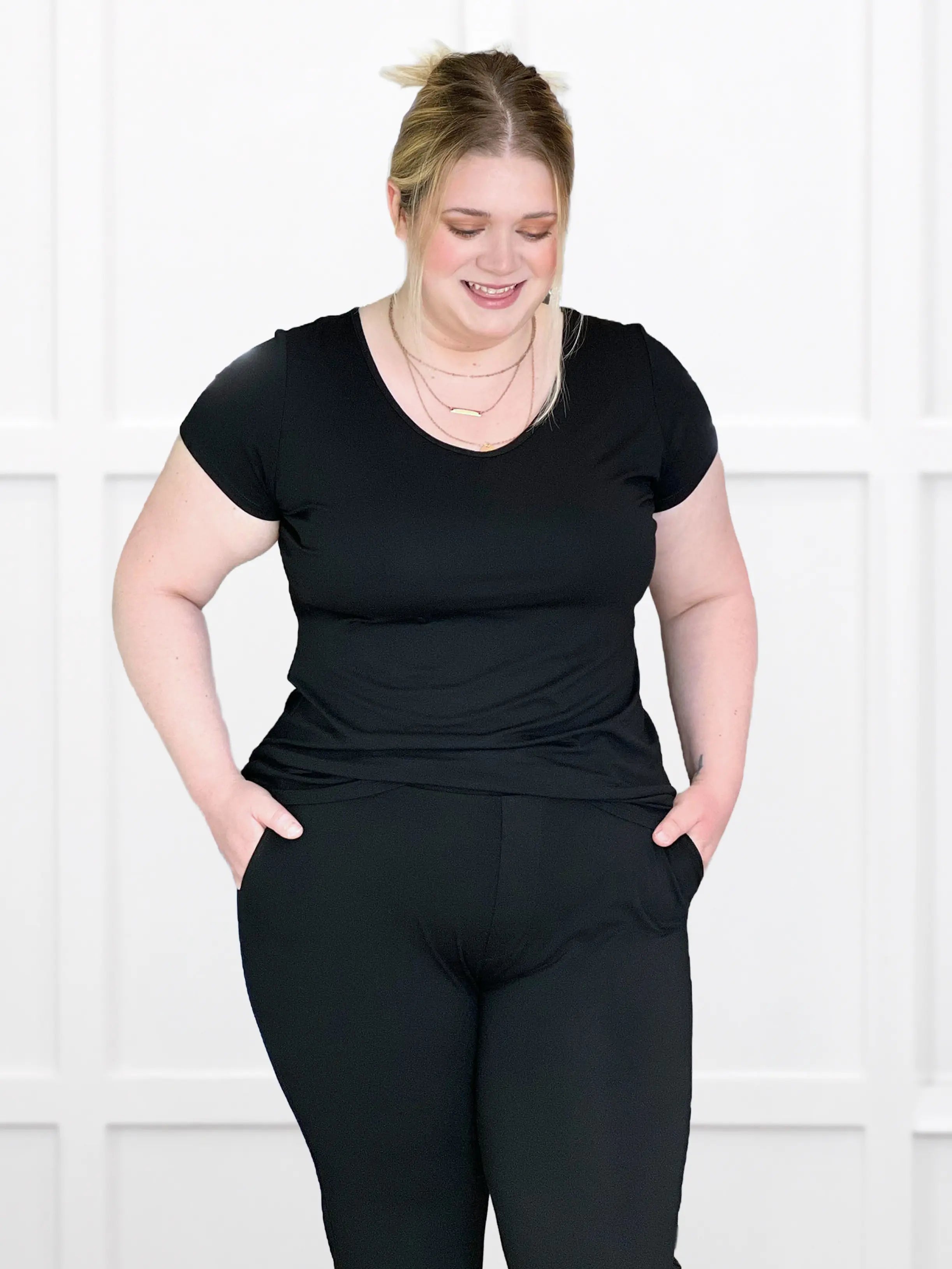 Marianna reversible neckline classic tee for women in Black on model Bri, size XL @Bri-XL