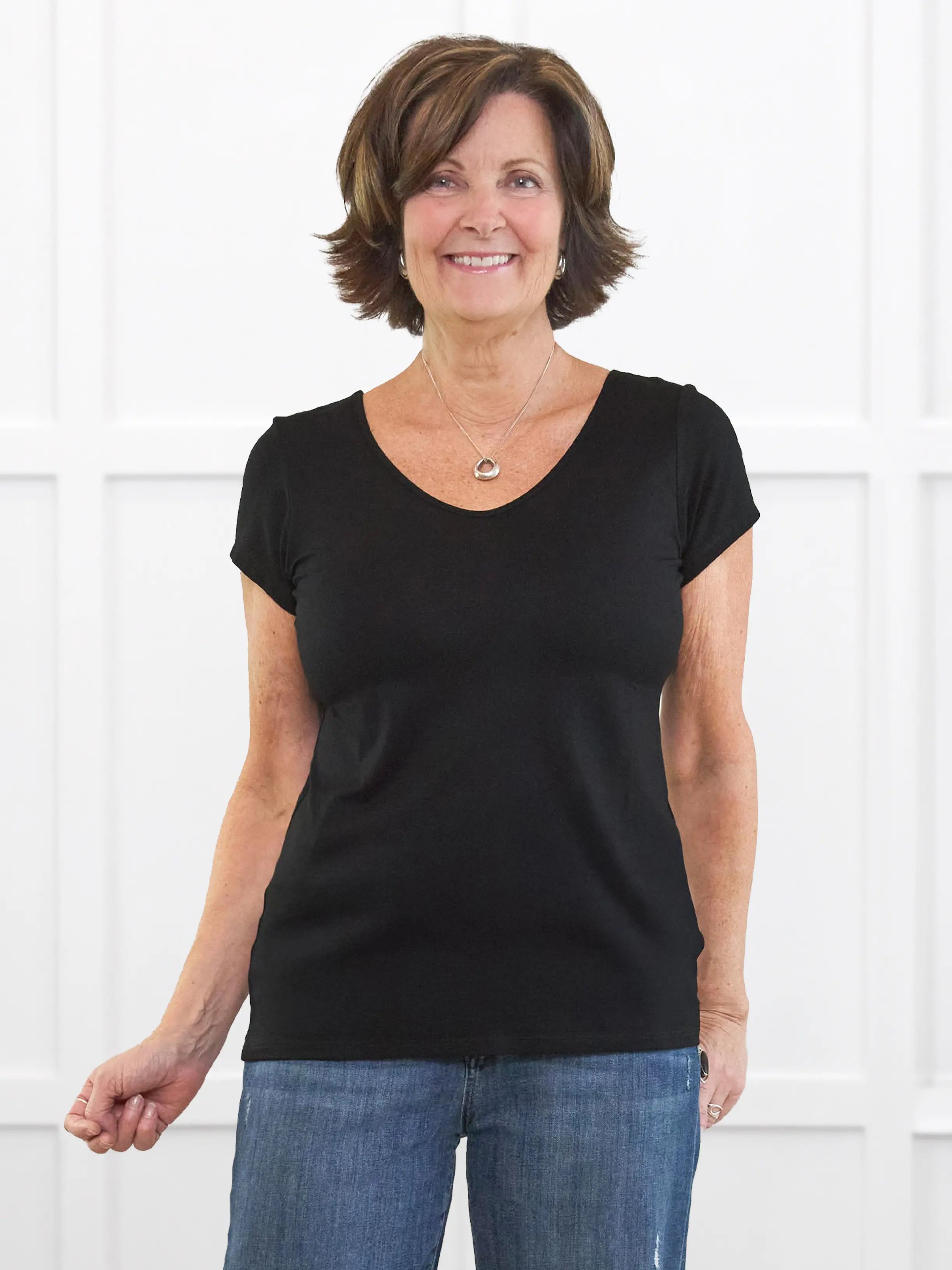 Marianna reversible neckline classic tee for women in Black on model Donna, size S @Donna-S