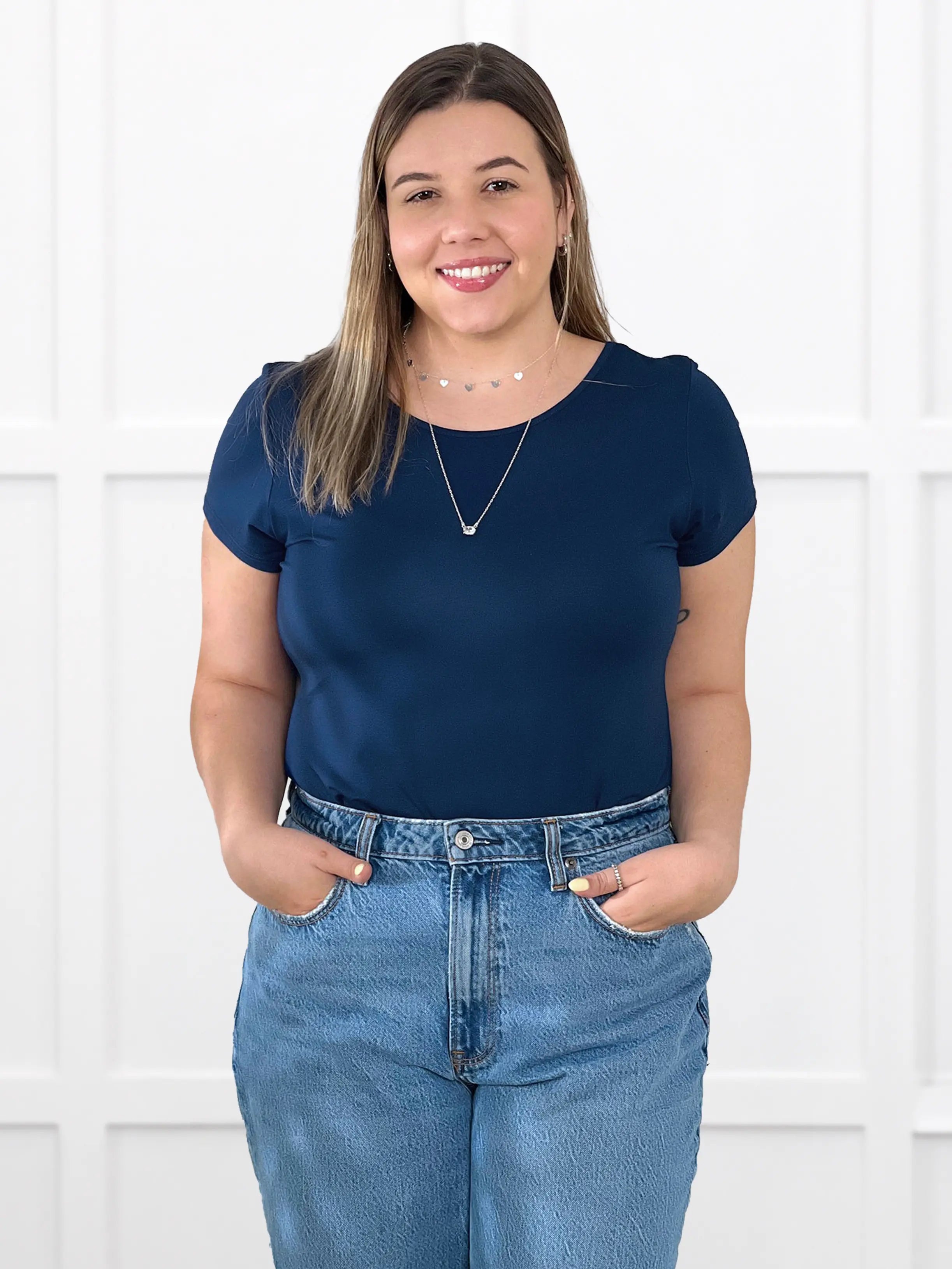 Marianna reversible neckline classic tee for women in Navy on model Christal, size L @Christal-L