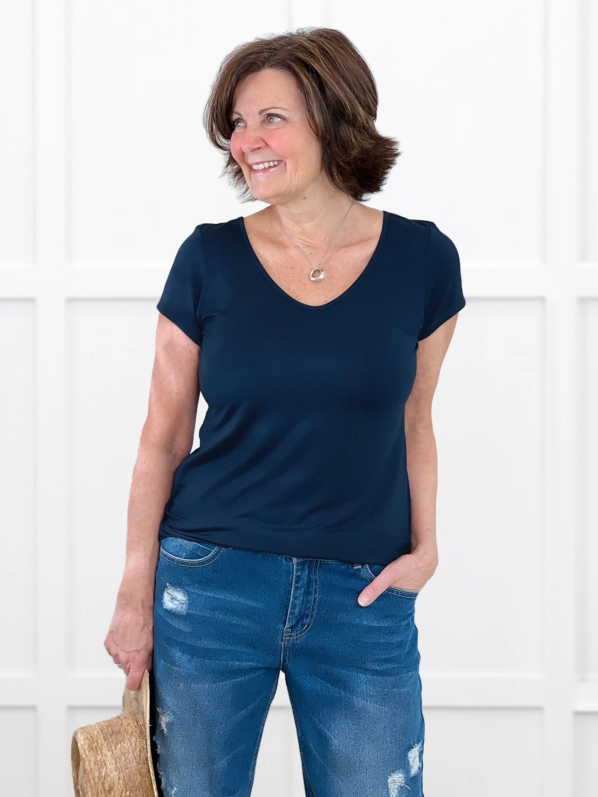 Marianna reversible neckline classic tee for women in Navy on model Donna, size S @Donna-S
