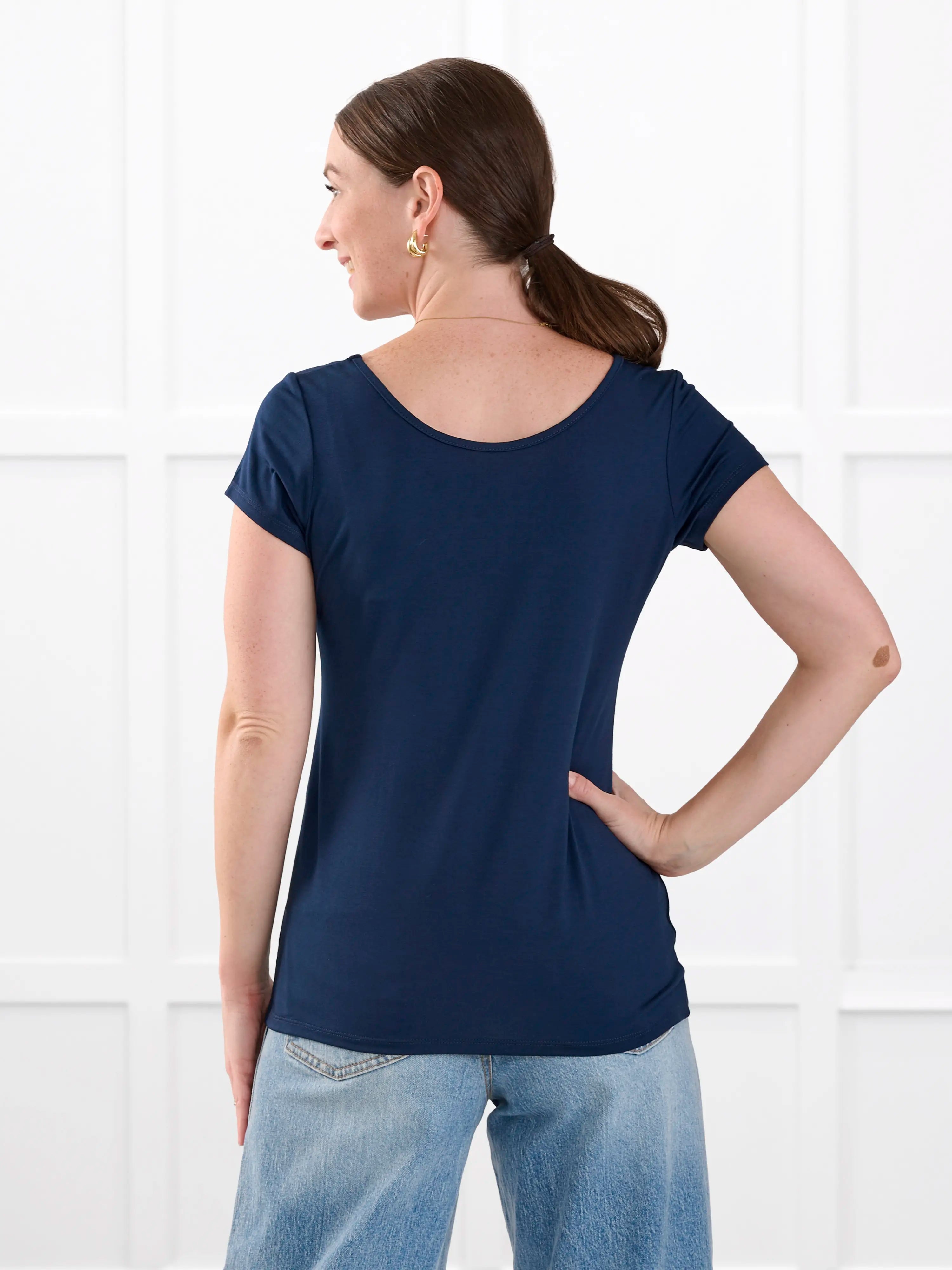 Marianna reversible neckline classic tee for women in Navy on model Jo, size XS @Jo-XS
