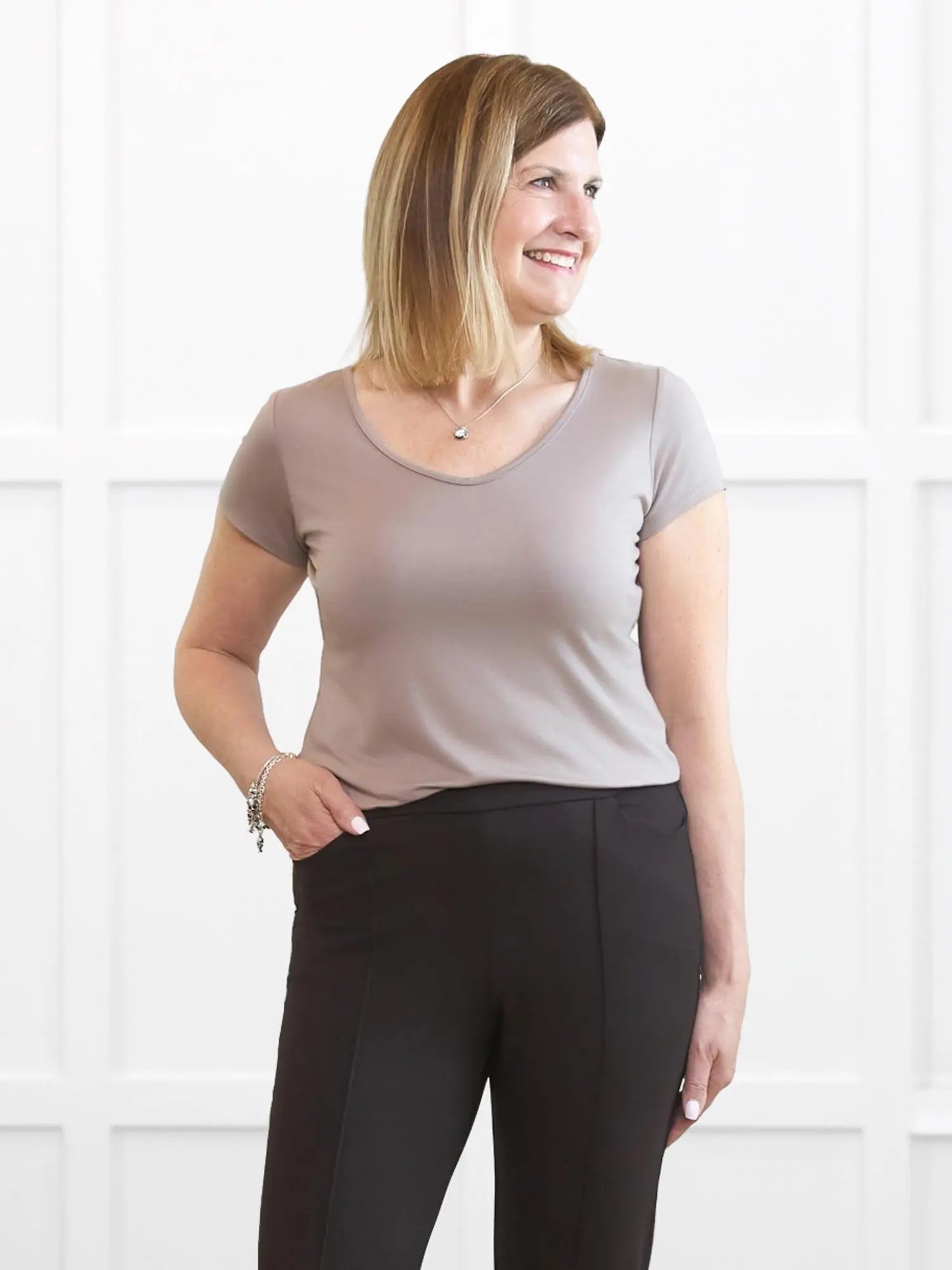 Marianna reversible neckline classic tee for women in Portobello on model Natasha, size S @Natasha-S