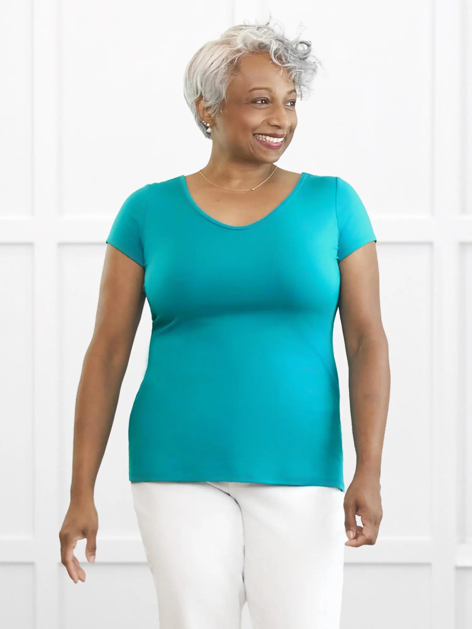 Marianna reversible neckline classic tee for women in Sea glass on model Keethai, size M @Keethai-M