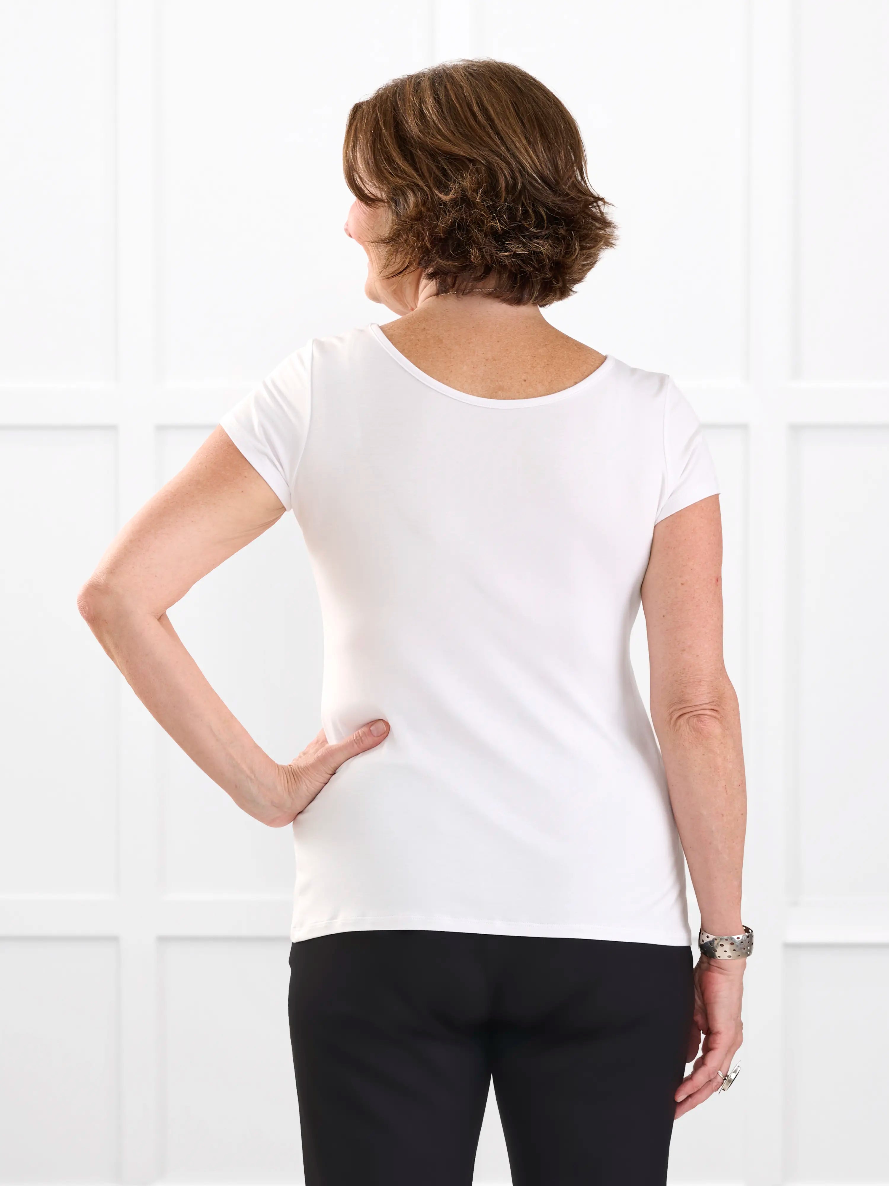 Marianna reversible neckline classic tee for women in White on model Donna, size S @Donna-S