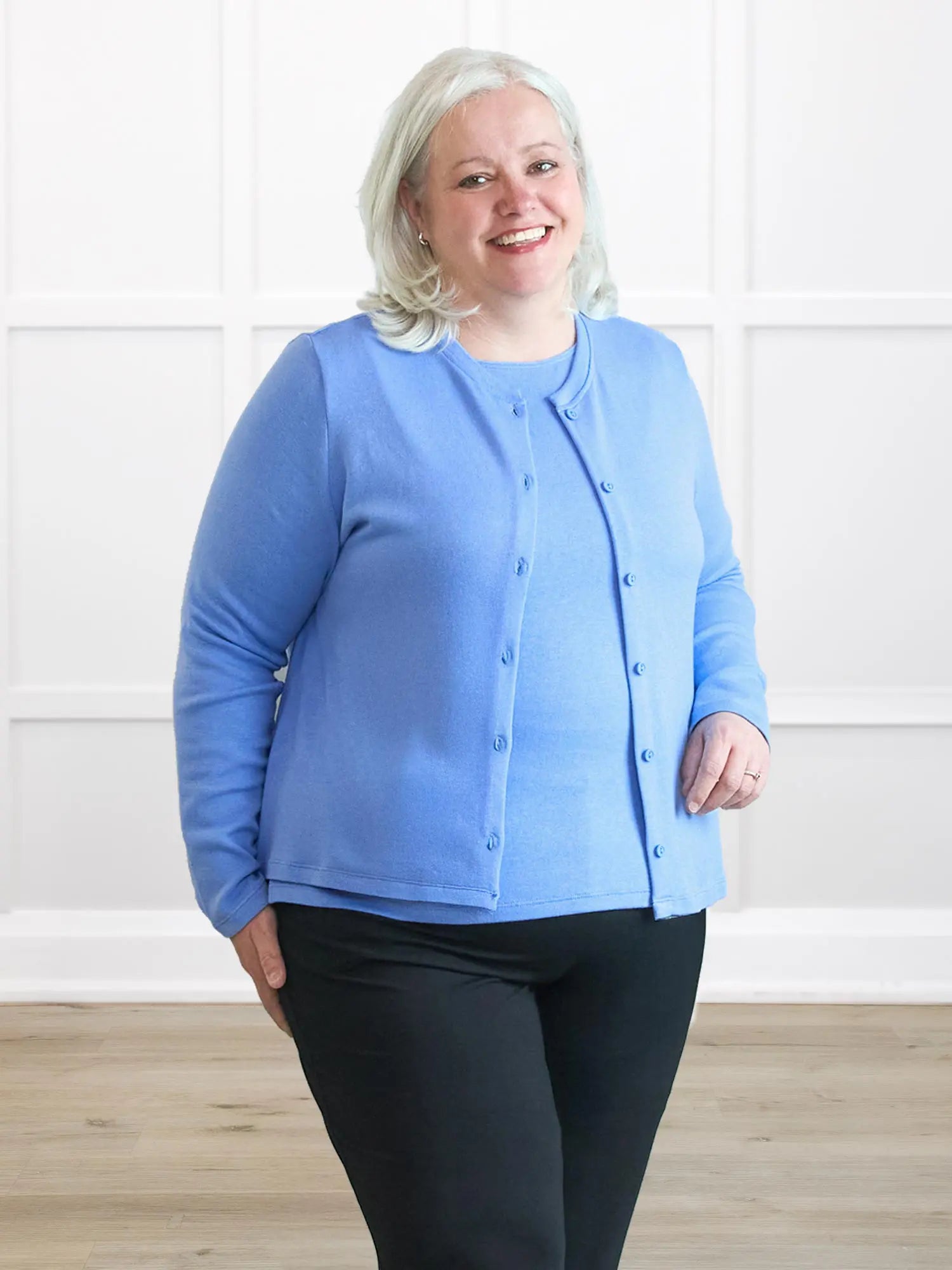 Maribel crewneck sweater knit cardigan 00 in Cornflower on model Colleen, size XXL @Colleen-XXL