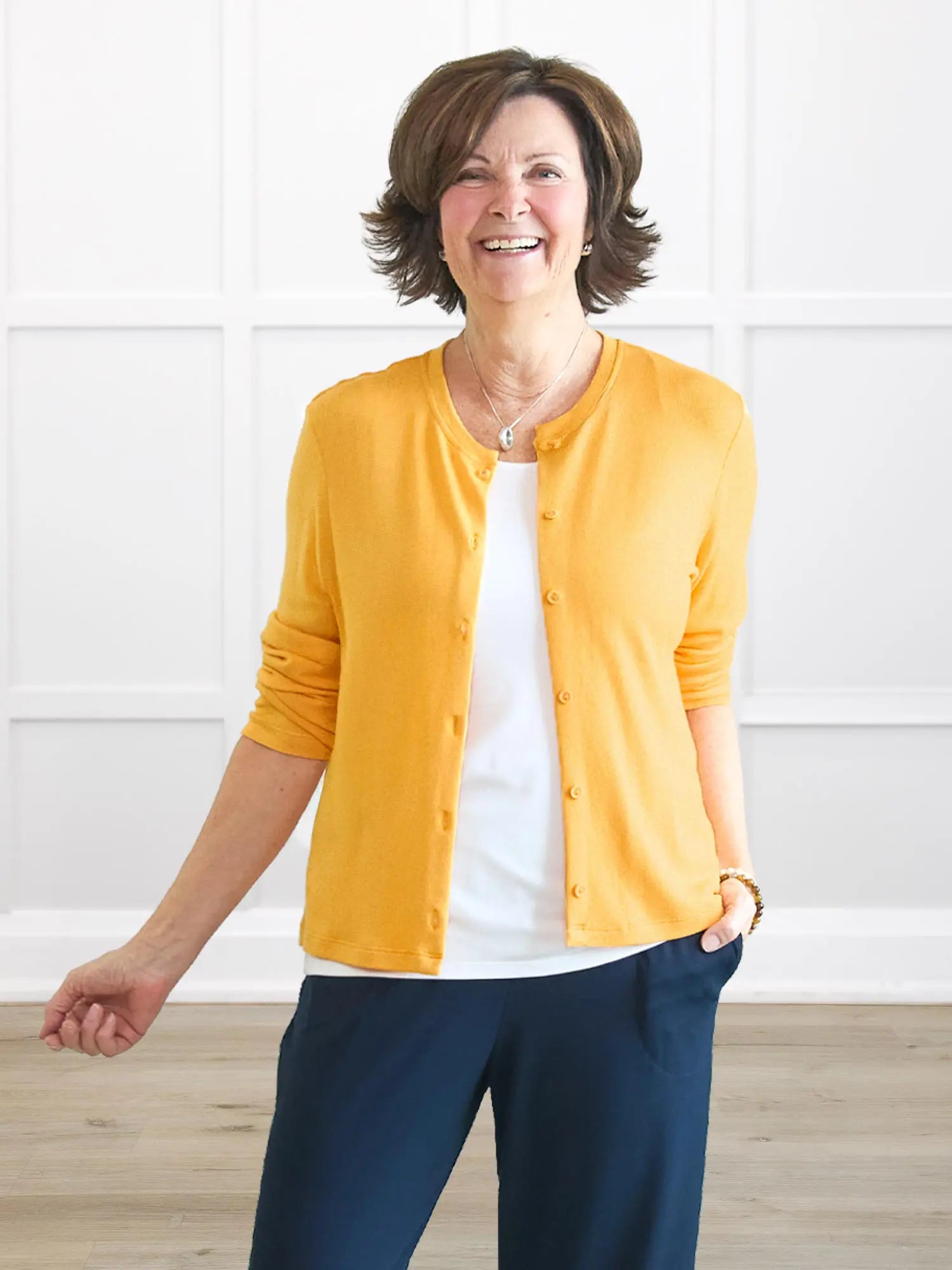 Maribel crewneck sweater knit cardigan 00 in Daffodil on model Donna, size S @Donna-S