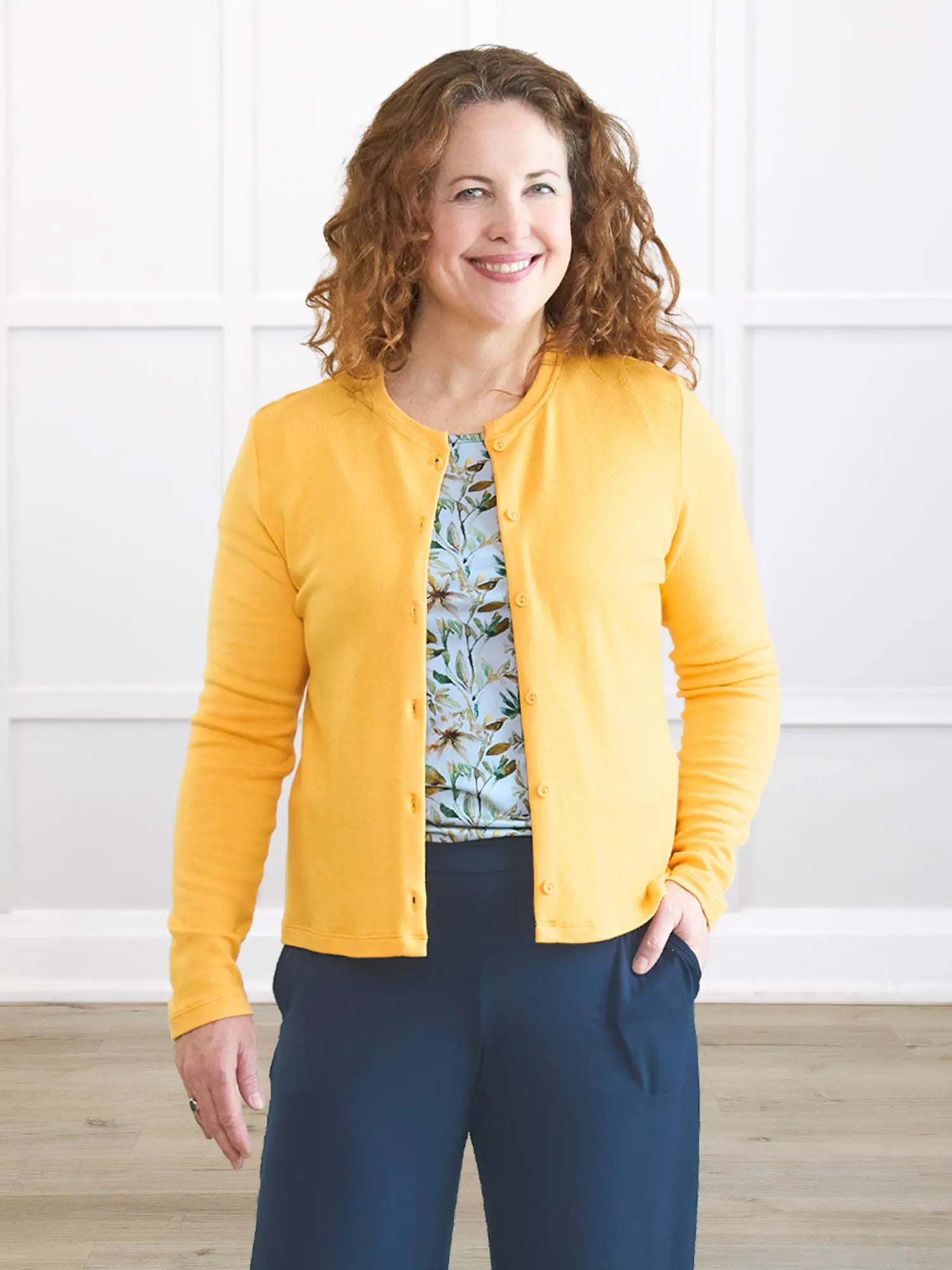 Maribel crewneck sweater knit cardigan 00 in Daffodil on model Melanie, size M @Melanie-M