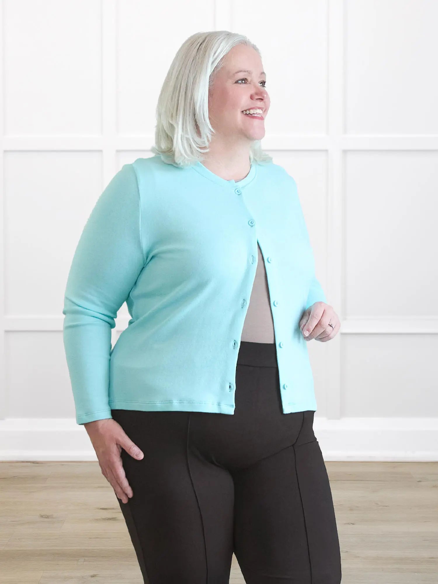 Maribel crewneck sweater knit cardigan 00 in Fiji blue on model Colleen, size XXL @Colleen-XXL