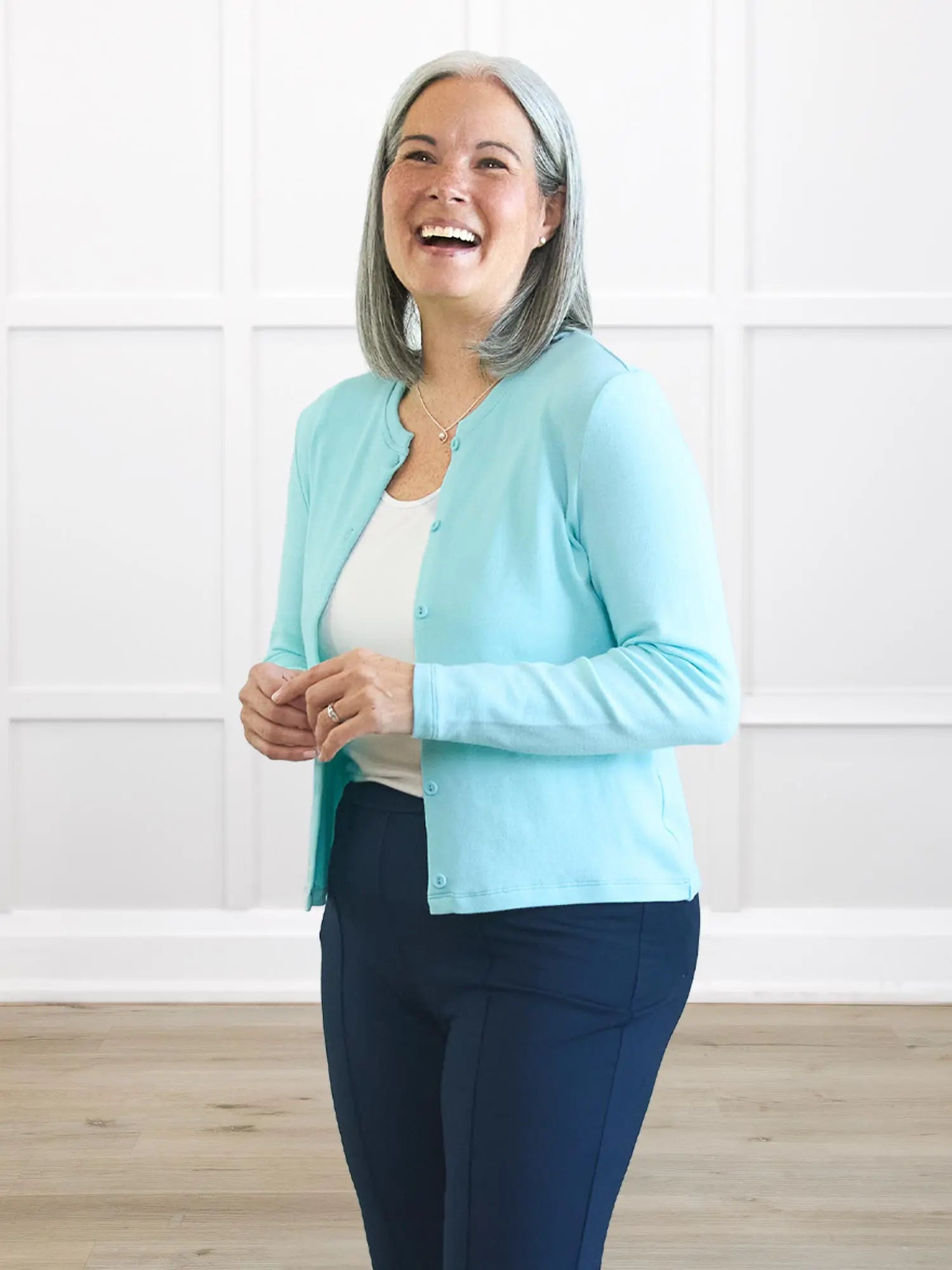 Maribel crewneck sweater knit cardigan 00 in Fiji blue on model Kerri, size S @Kerri-S