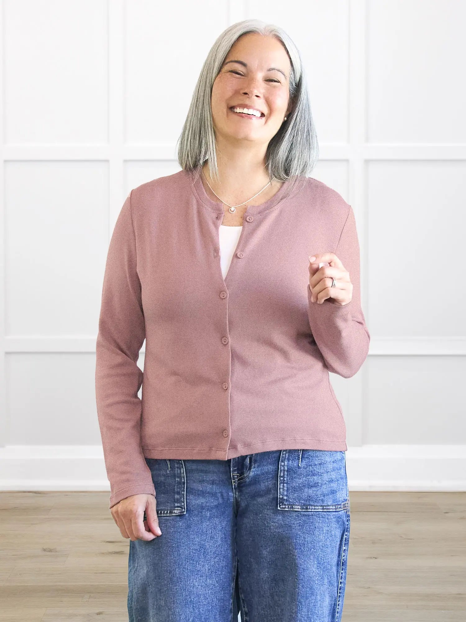 Maribel crewneck sweater knit cardigan 00 in Rose mauve on model Kerri, size S @Kerri-S