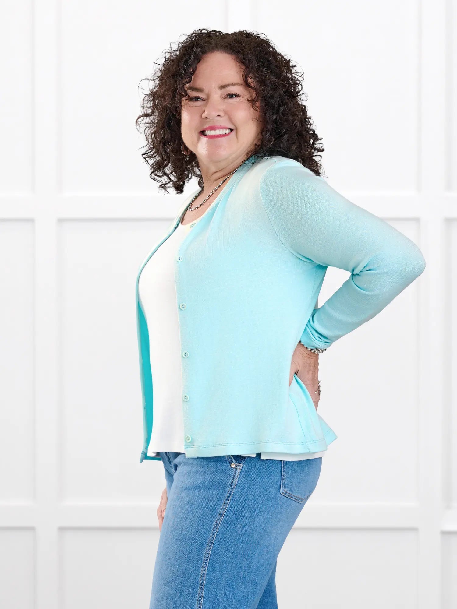 Maribel crewneck sweater knit cardigan in Fiji blue on model Kerri, size M @Kerri-M