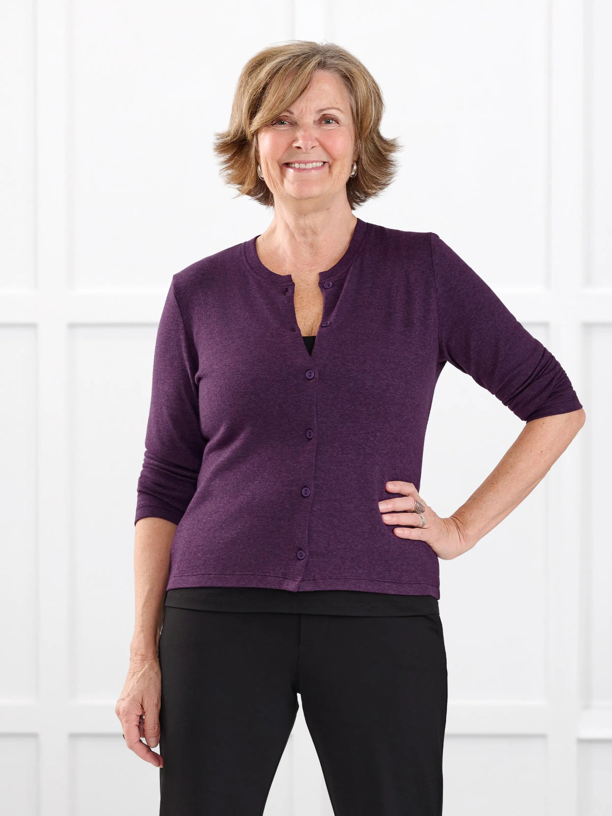 Maribel crewneck sweater knit cardigan for women in Blackcurrant on model Donna, size S @Donna-S