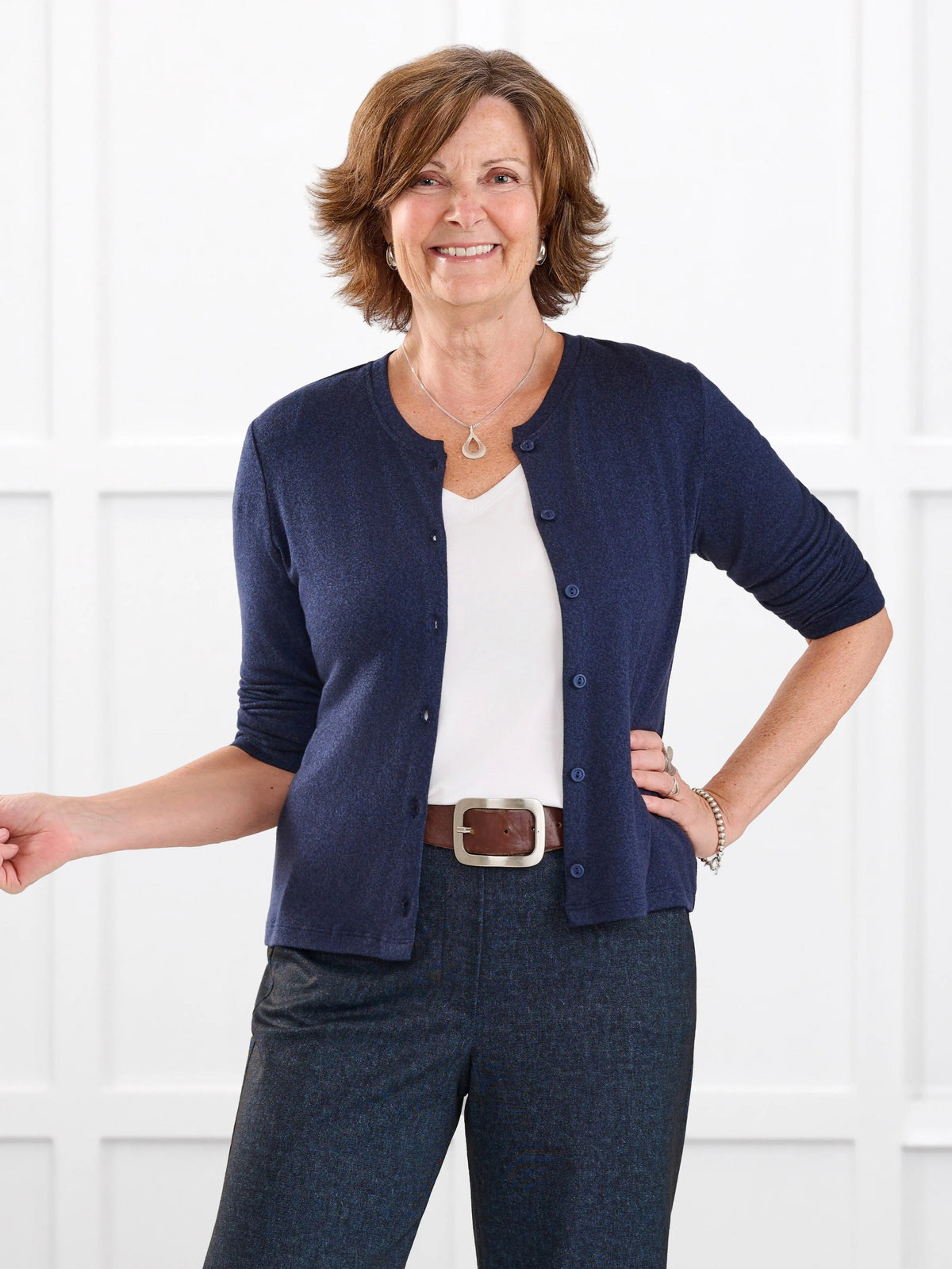 Maribel crewneck sweater knit cardigan for women in Midnight blue on model Donna, size S @Donna-S