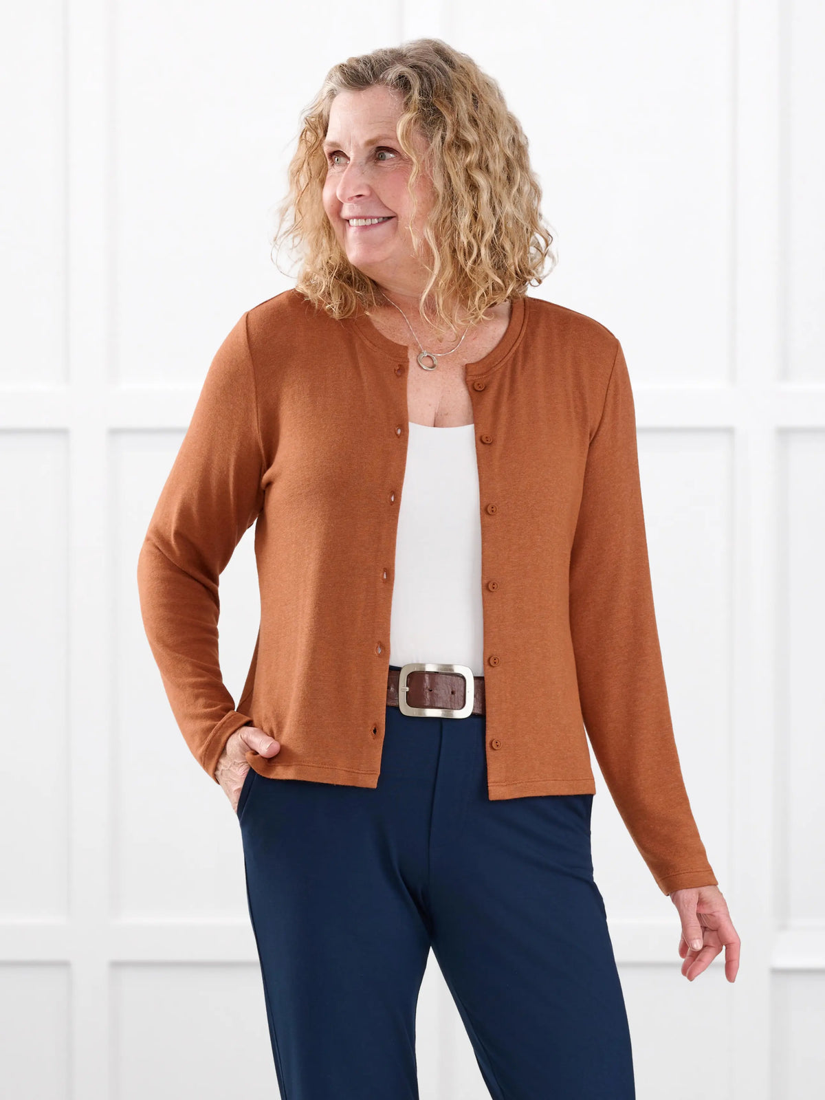 Maribel crewneck sweater knit cardigan for women in Rust on model Carolyn, size L @Carolyn-L