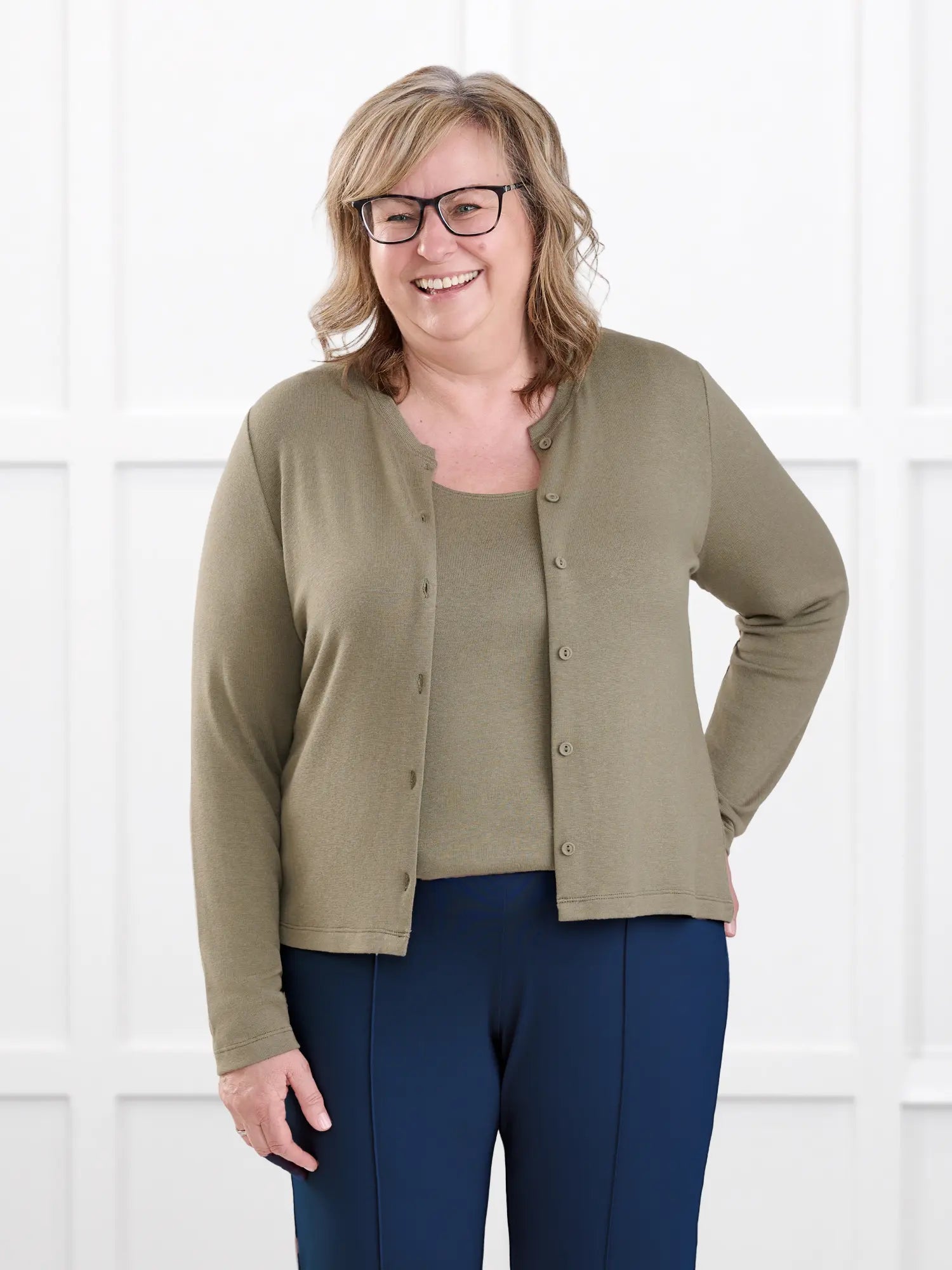 Maribel crewneck sweater knit cardigan for women in Thyme on model Deb, size XL @Deb-XL