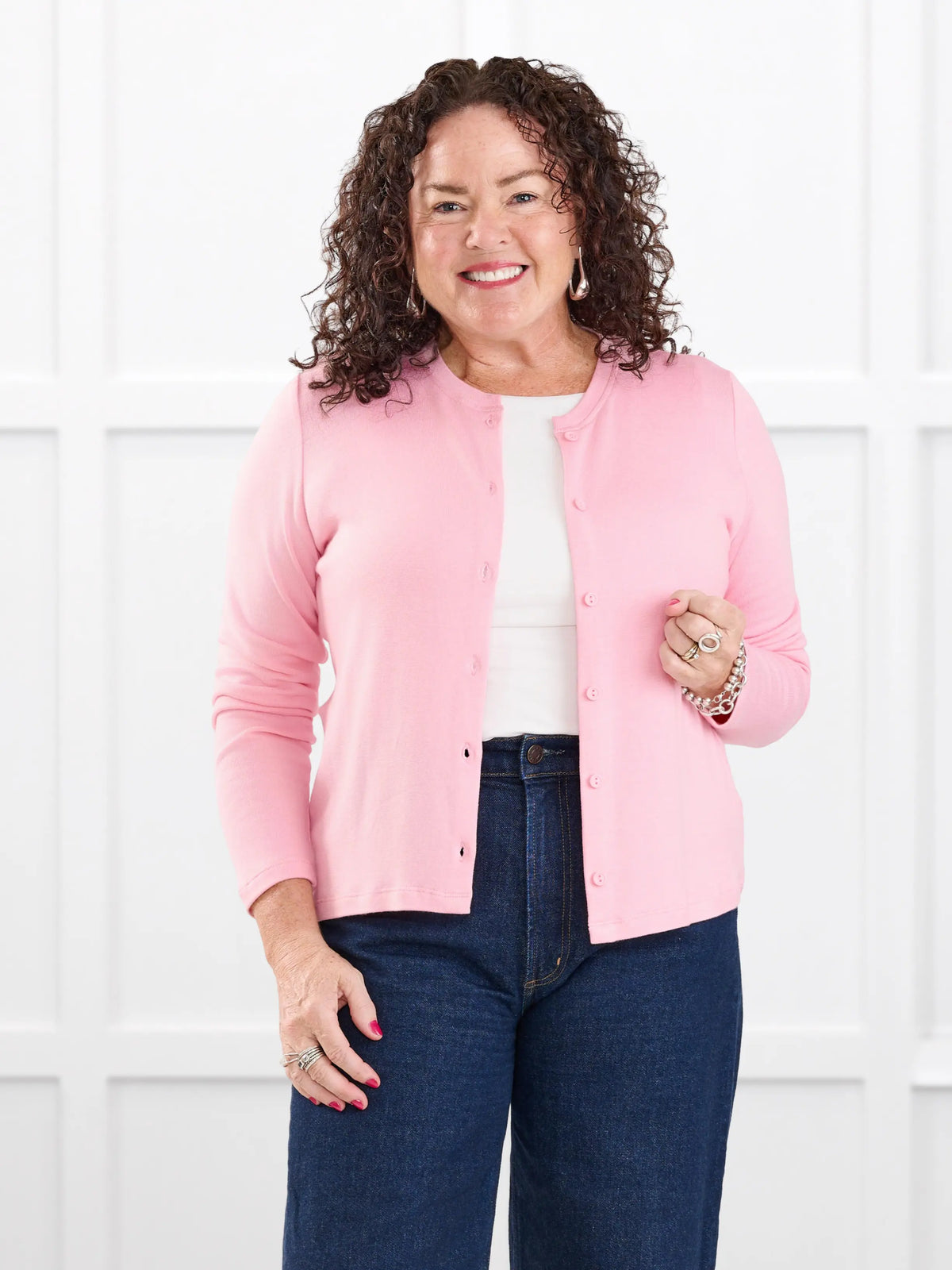 Maribel crewneck sweater knit cardigan for women in Whisper pink on model Kerri, size M @Kerri-M