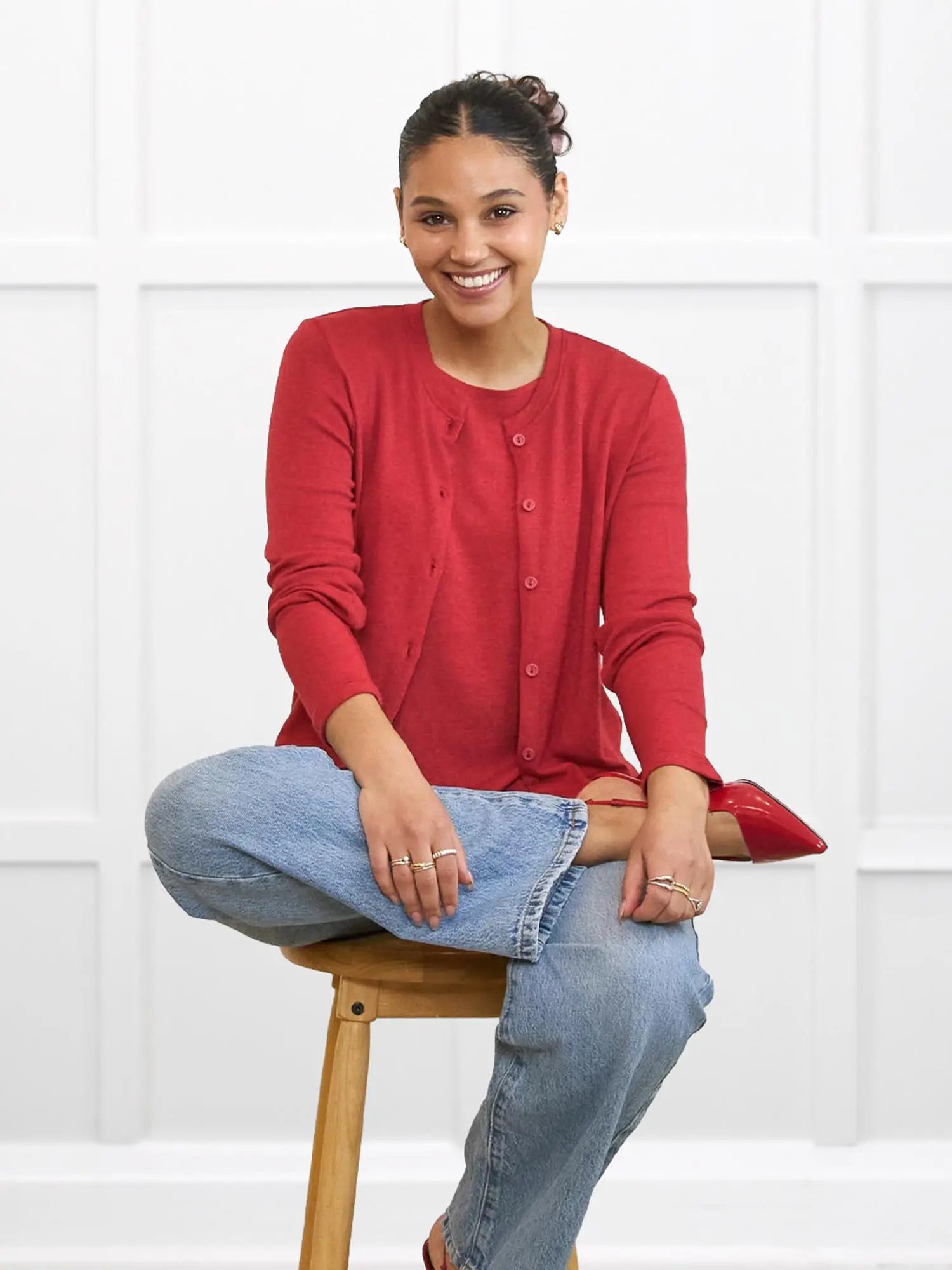 Maribel crewneck sweater knit cardigan for women in Chili on model Meron, size XS @Meron-XS